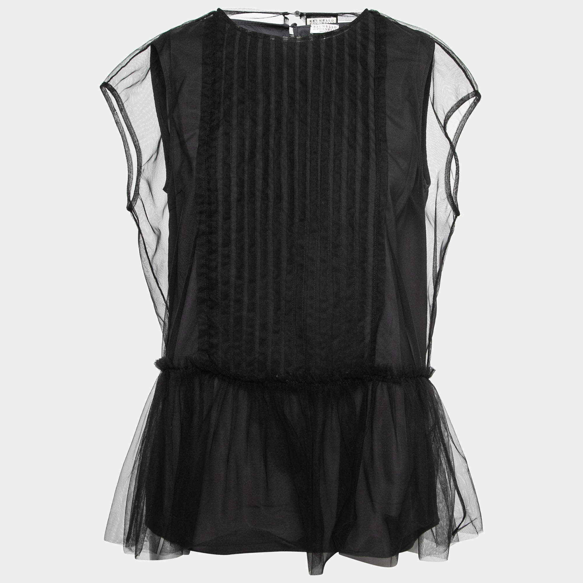 Brunello Cucinelli Black Silk Tulle Overlay Pleated Top M