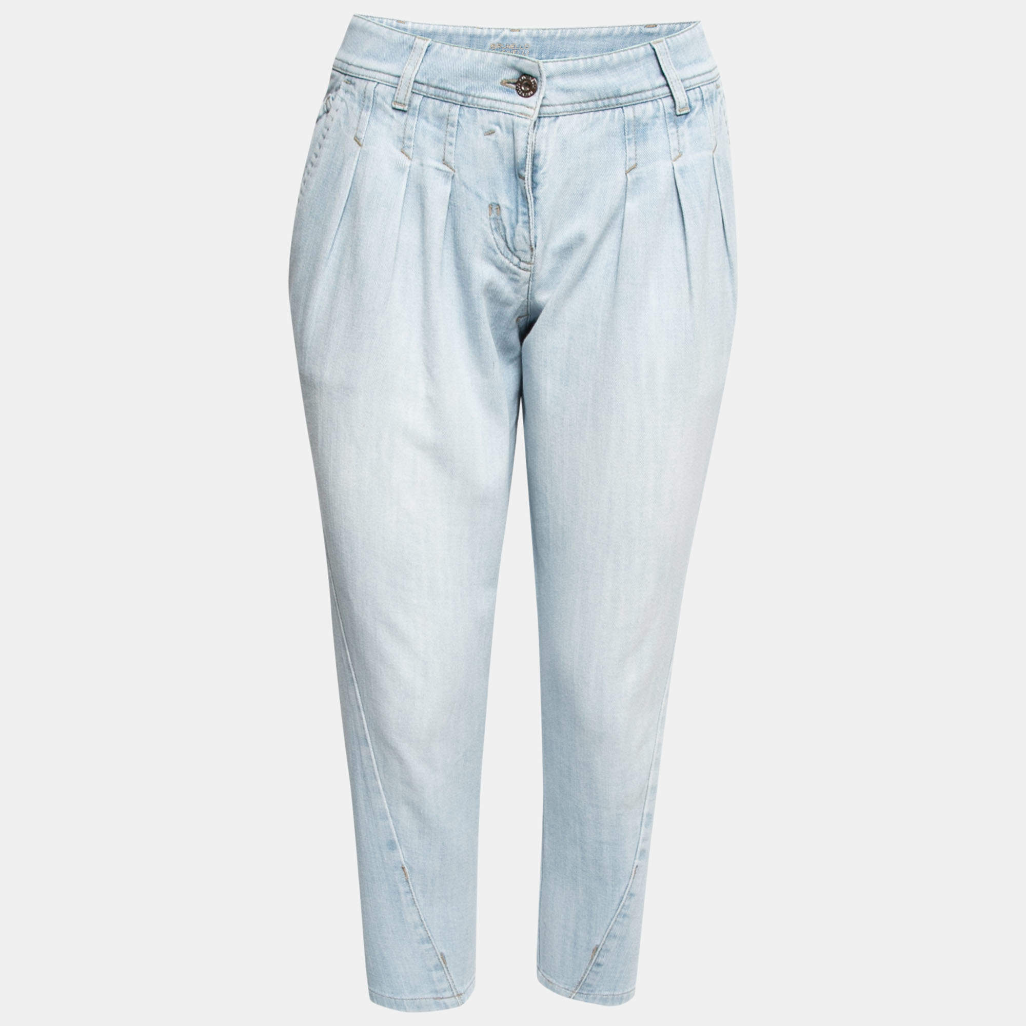Pre Owned Brunello Cucinelli Light Blue Denim Pleated Cropped Jeans S Waist 28"