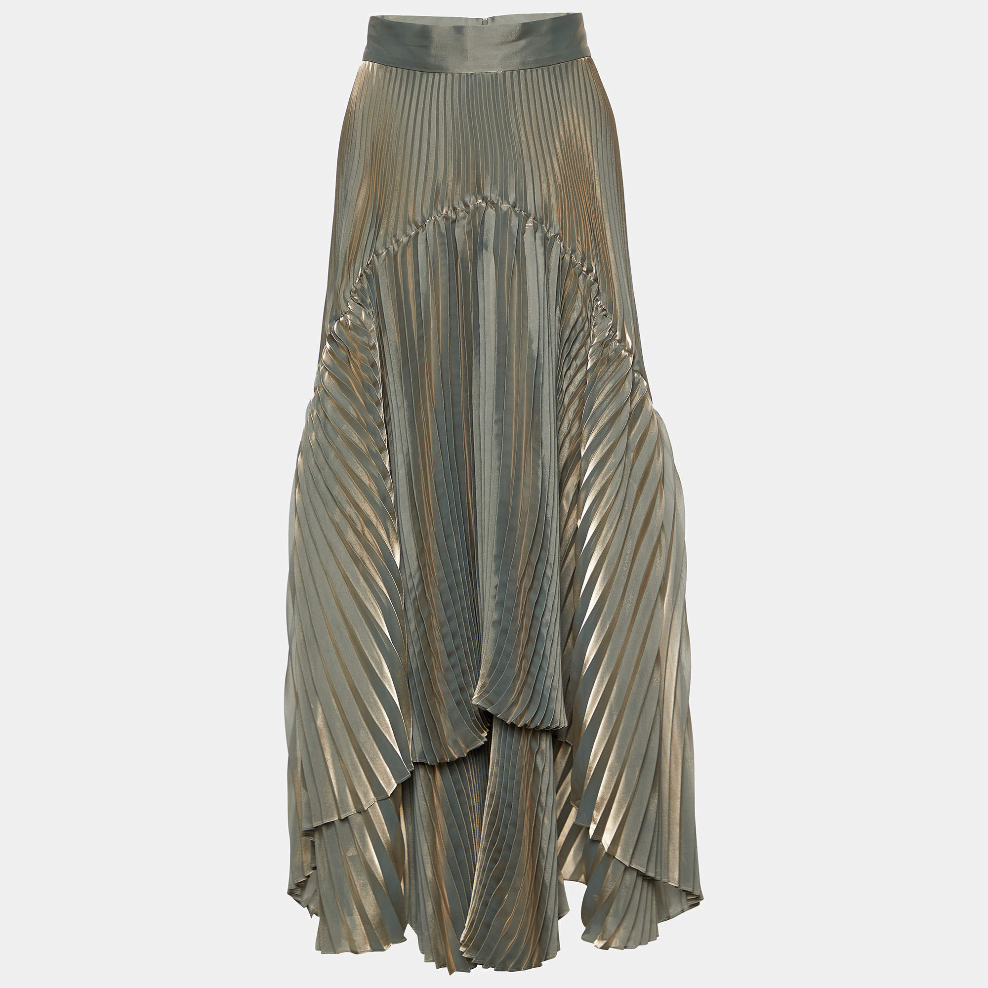 Brunello Cucinelli Metallic Plisse Asymmetrical Midi Skirt L