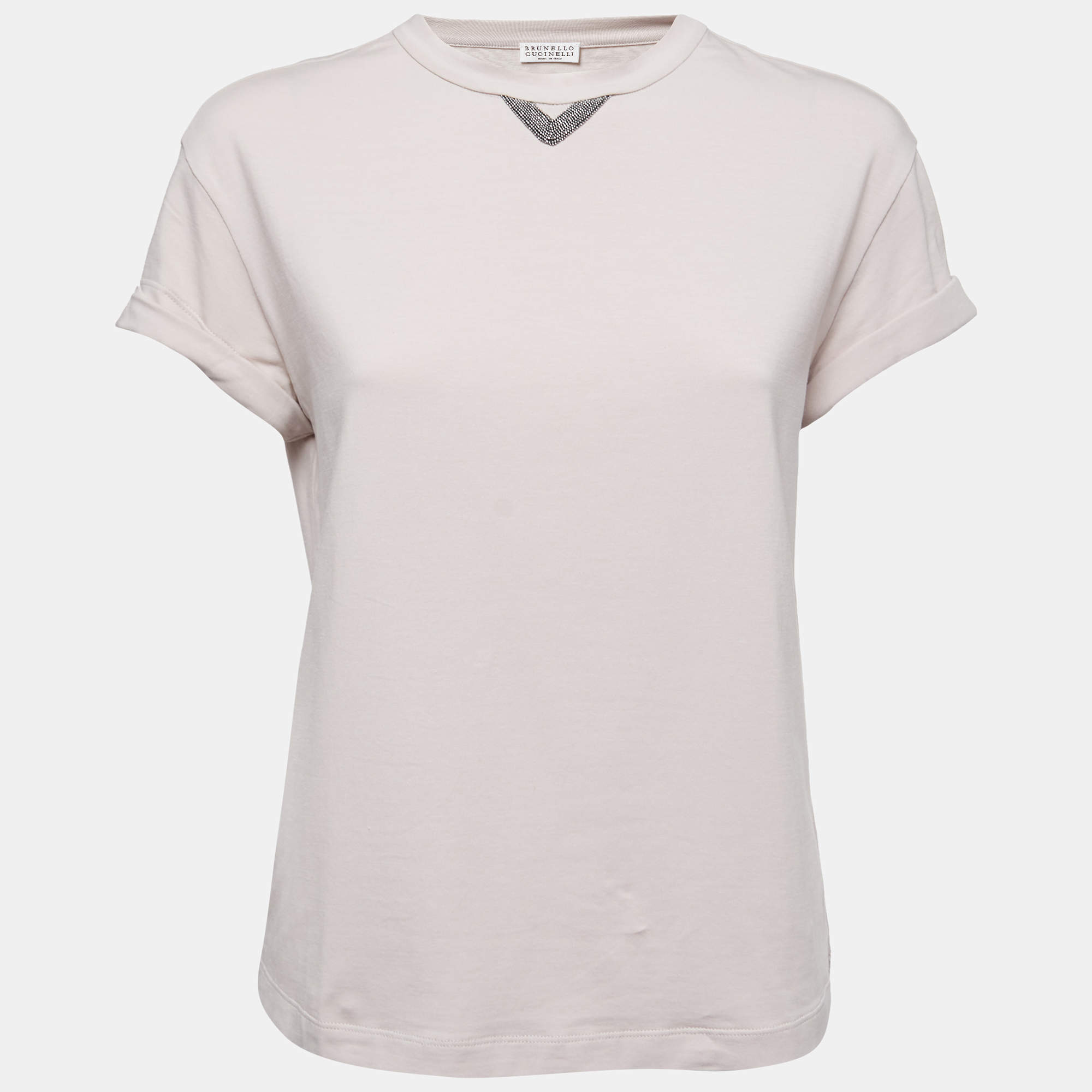 Pre Owned Brunello Cucinelli Light Grey Cotton Embellished T-Shirt XS