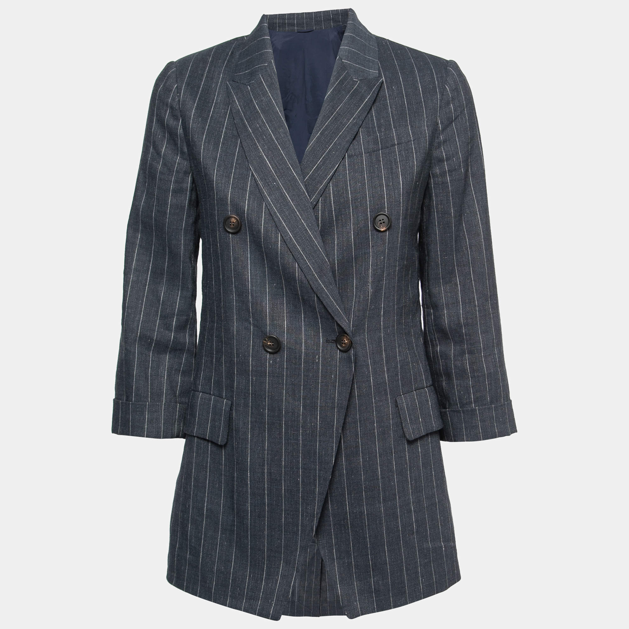 Pre Owned Brunello Cucinelli Charcoal Grey Striped Linen-Blend Blazer S