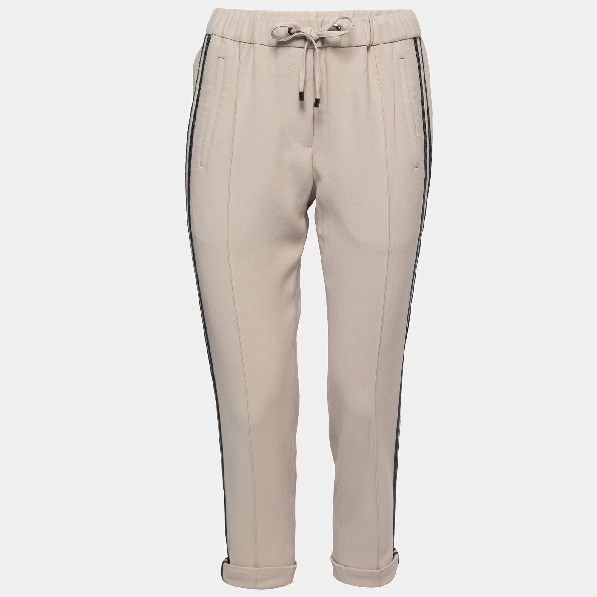 Brunello Cucinelli Beige Wool-Blend Stripe Detail Jogger Pants S