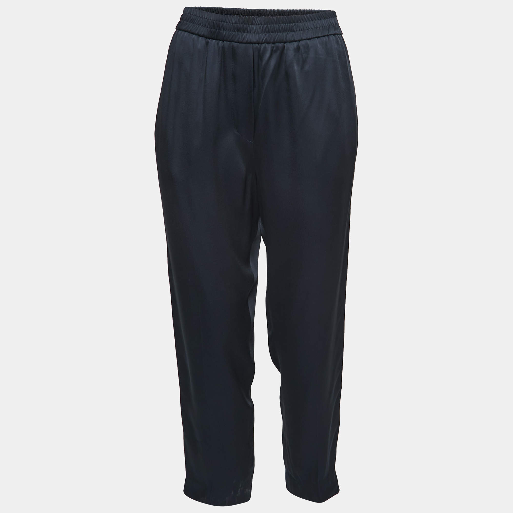 Brunello Cucinelli Navy Blue Satin Side Stripe Detail Joggers Pants S