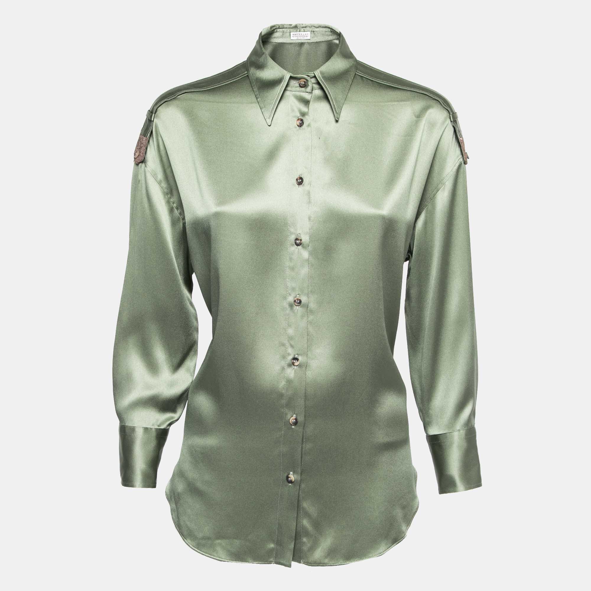 Brunello Cucinelli Green Silk Embellished Button Front Shirt S