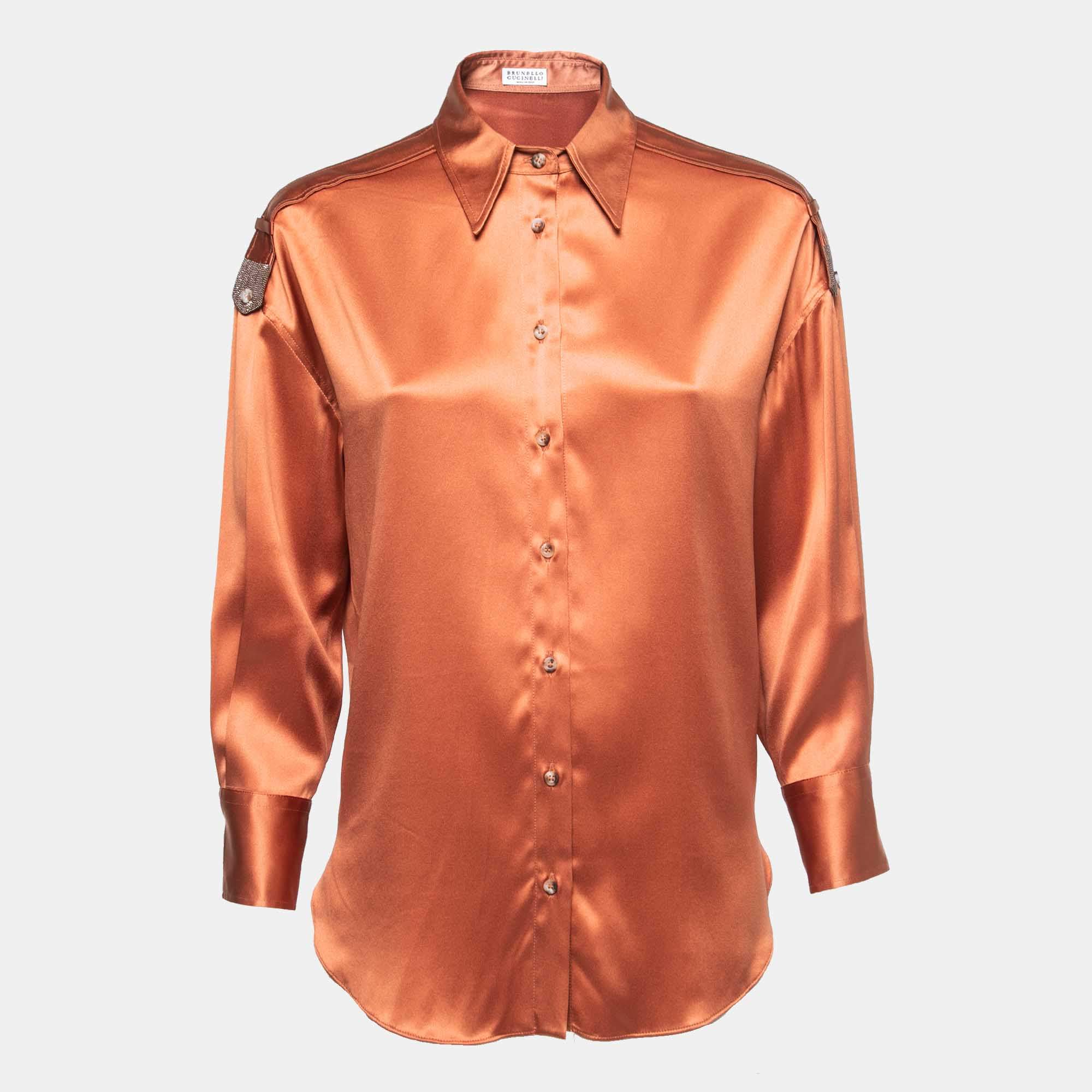 Brunello Cucinelli Orange Silk Embellished Button Front Shirt S