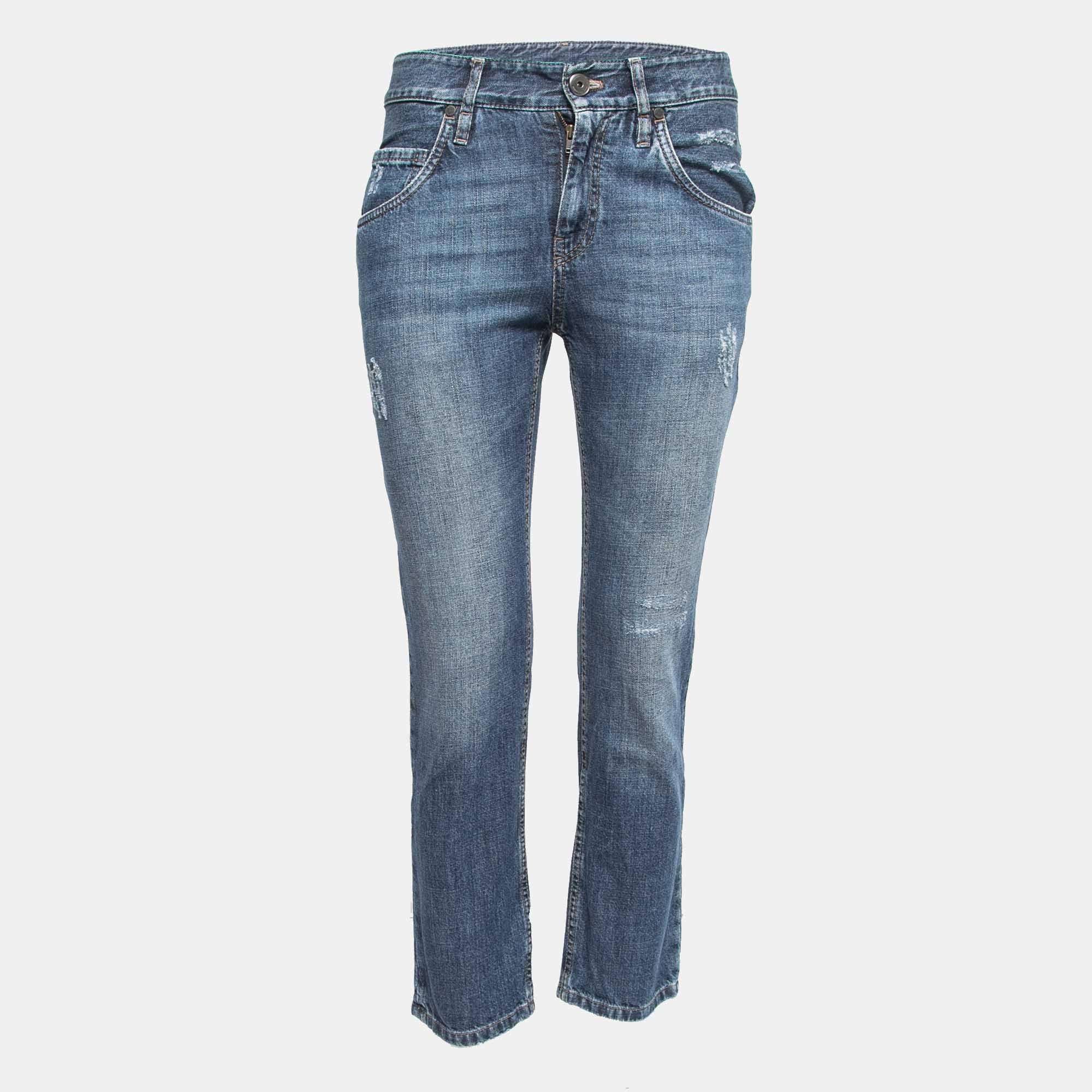 Pre Owned Brunello Cucinelli Blue Faded Denim Destroyed Low Slung Relaxed Jeans S