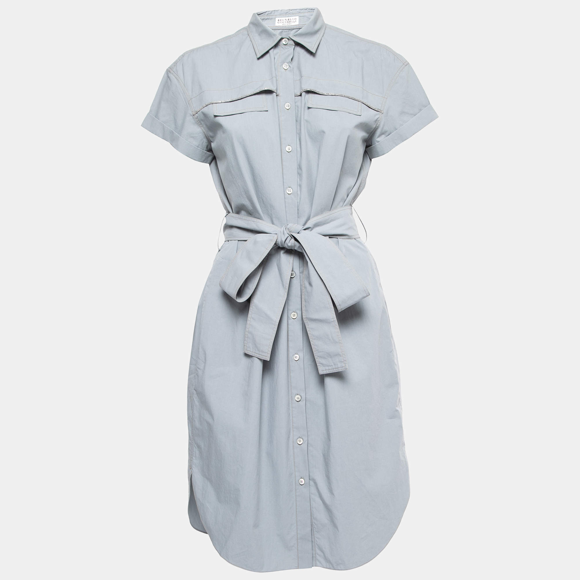 Pre Owned Brunello Cucinelli Grey Cotton Belted Midi Shirt Dress S