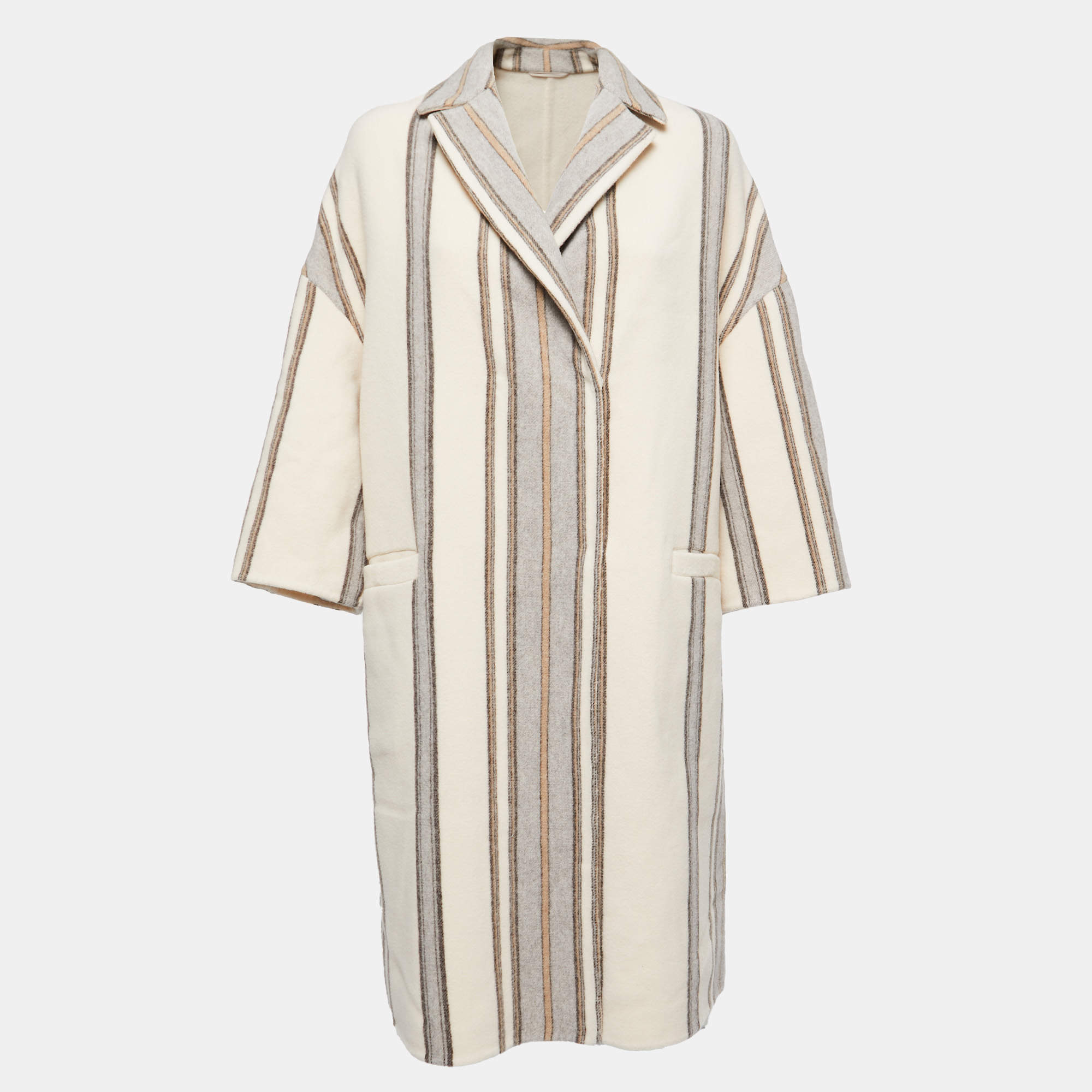 Pre Owned Brunello Cucinelli Cream Striped Wool & Cashmere Felt Coat M