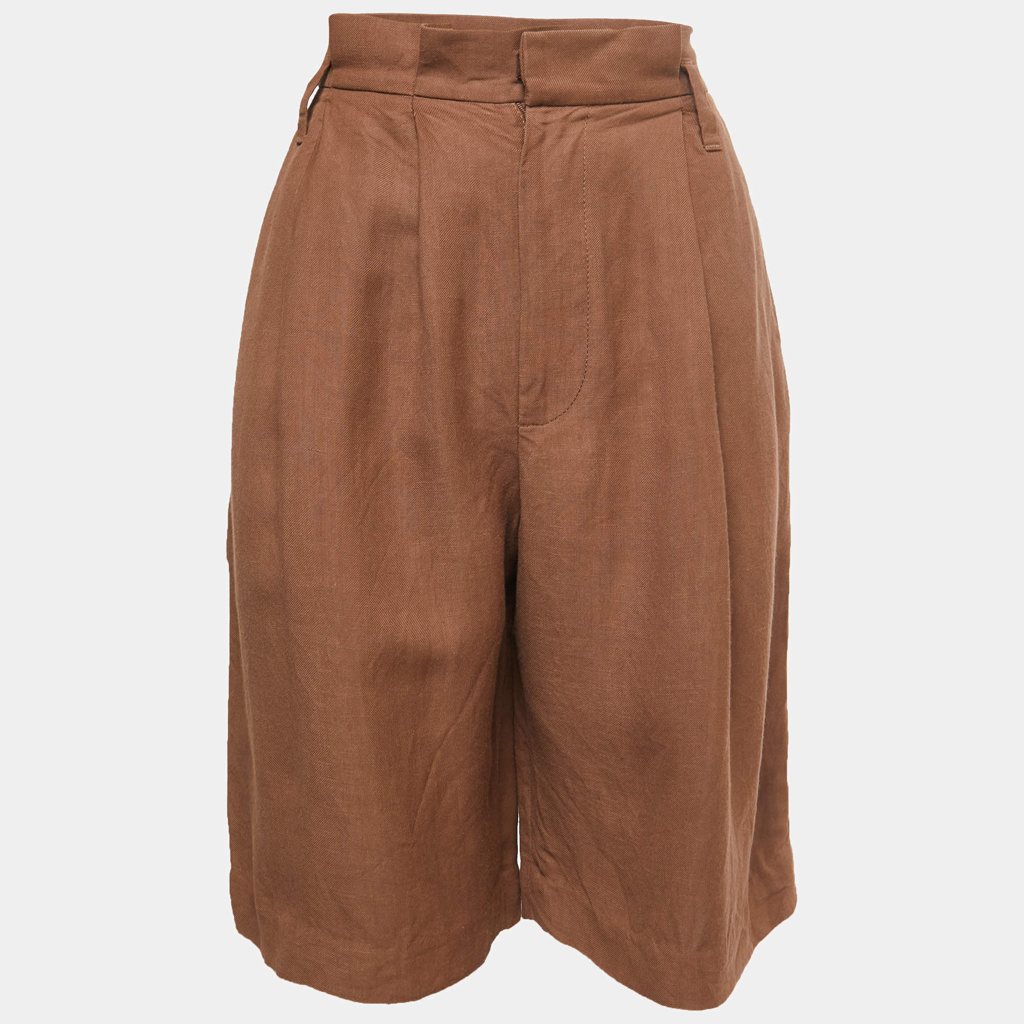 Pre Owned Brunello Cucinelli Brown Linen Blend Pleat Detailed Bermuda Shorts M