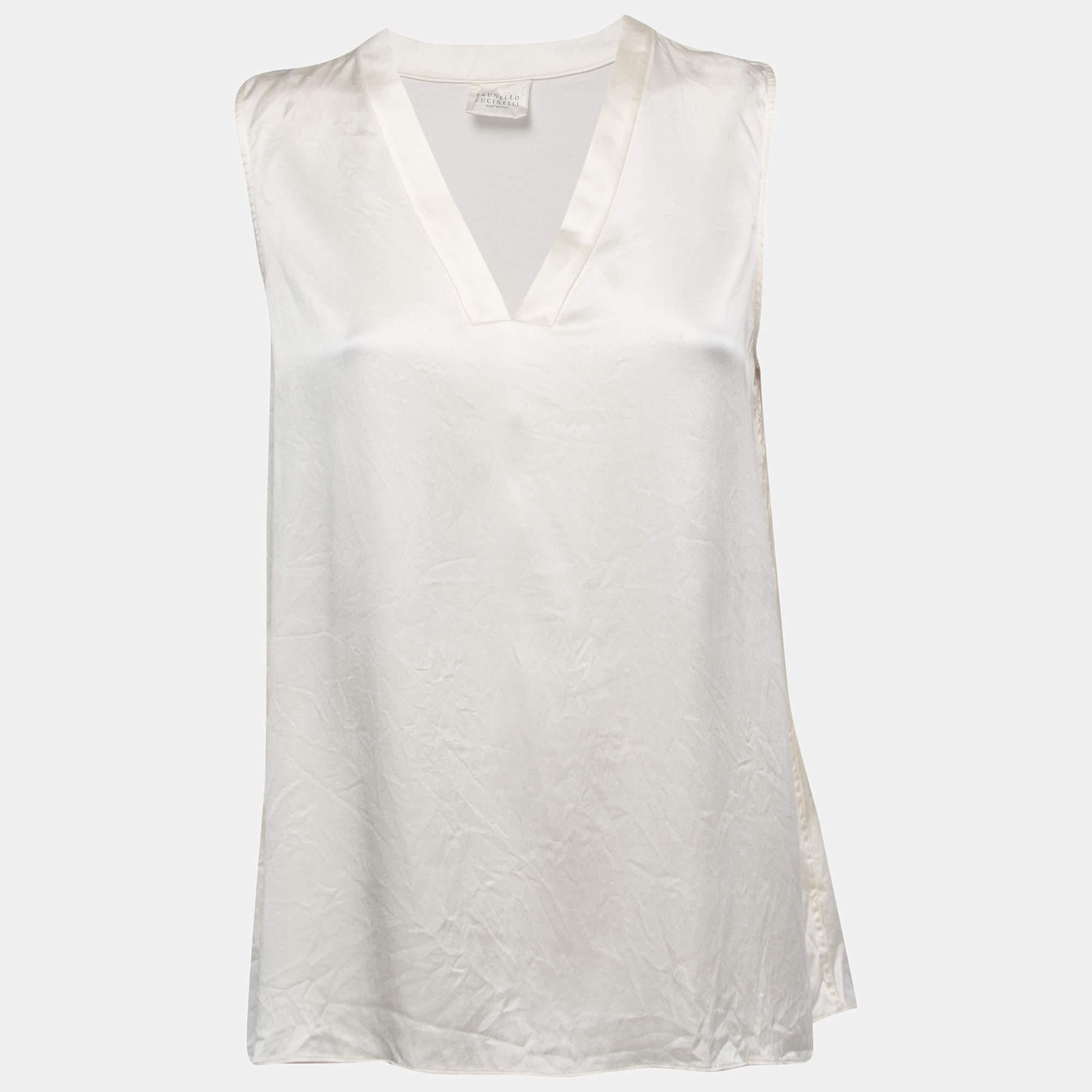 Pre Owned Brunello Cucinelli Cream Satin Silk V-Neck Sleeveless Blouse L