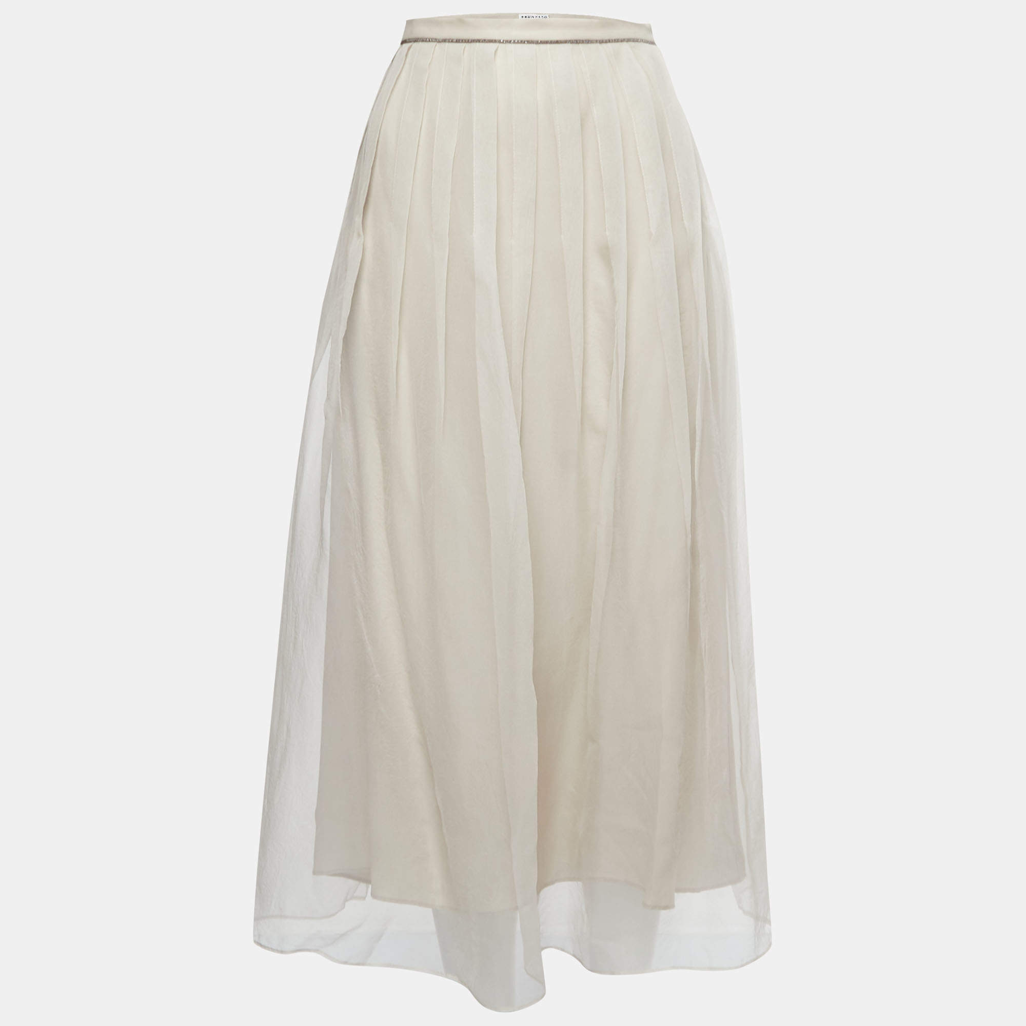 Brunello Cucinelli Beige Silk Pleated Midi Skirt M