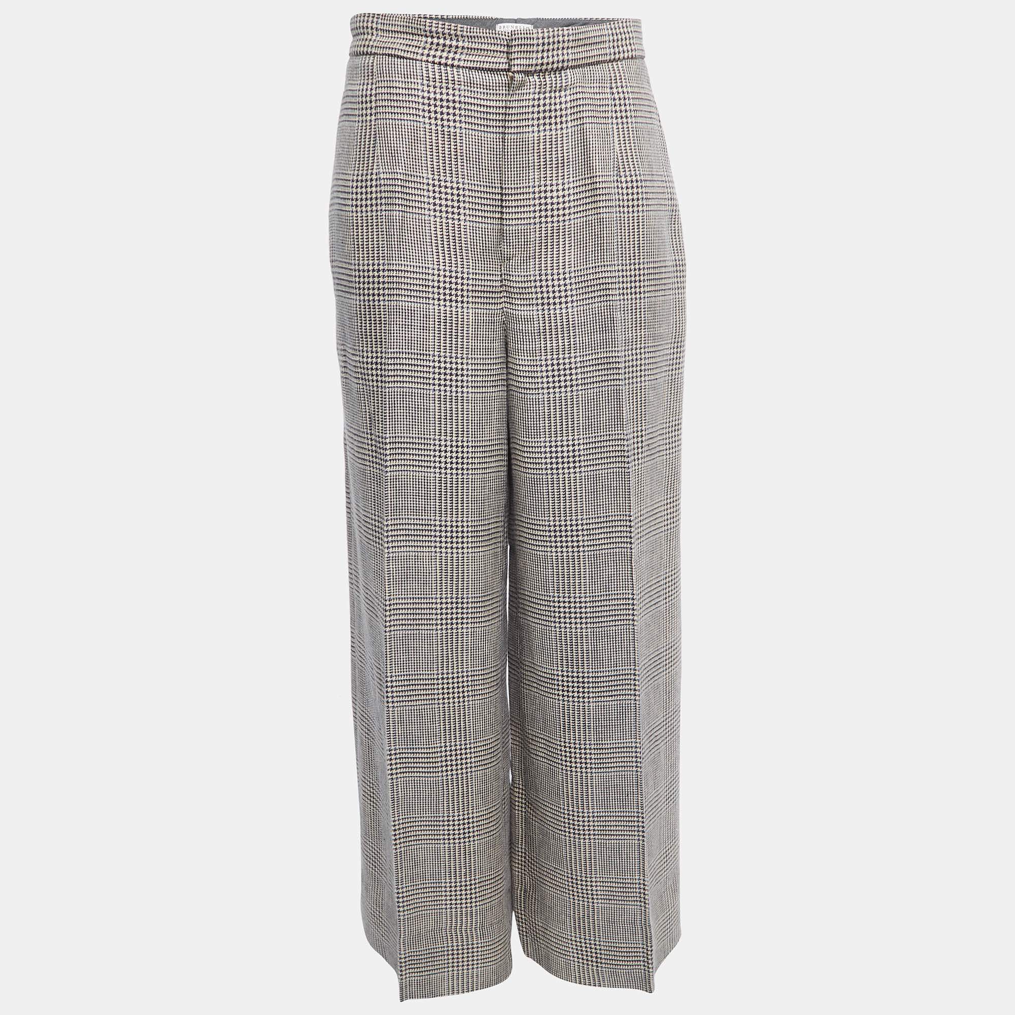 Pre Owned Brunello Cucinelli  Beige/Blue Checked Linen Wide Leg Pants M