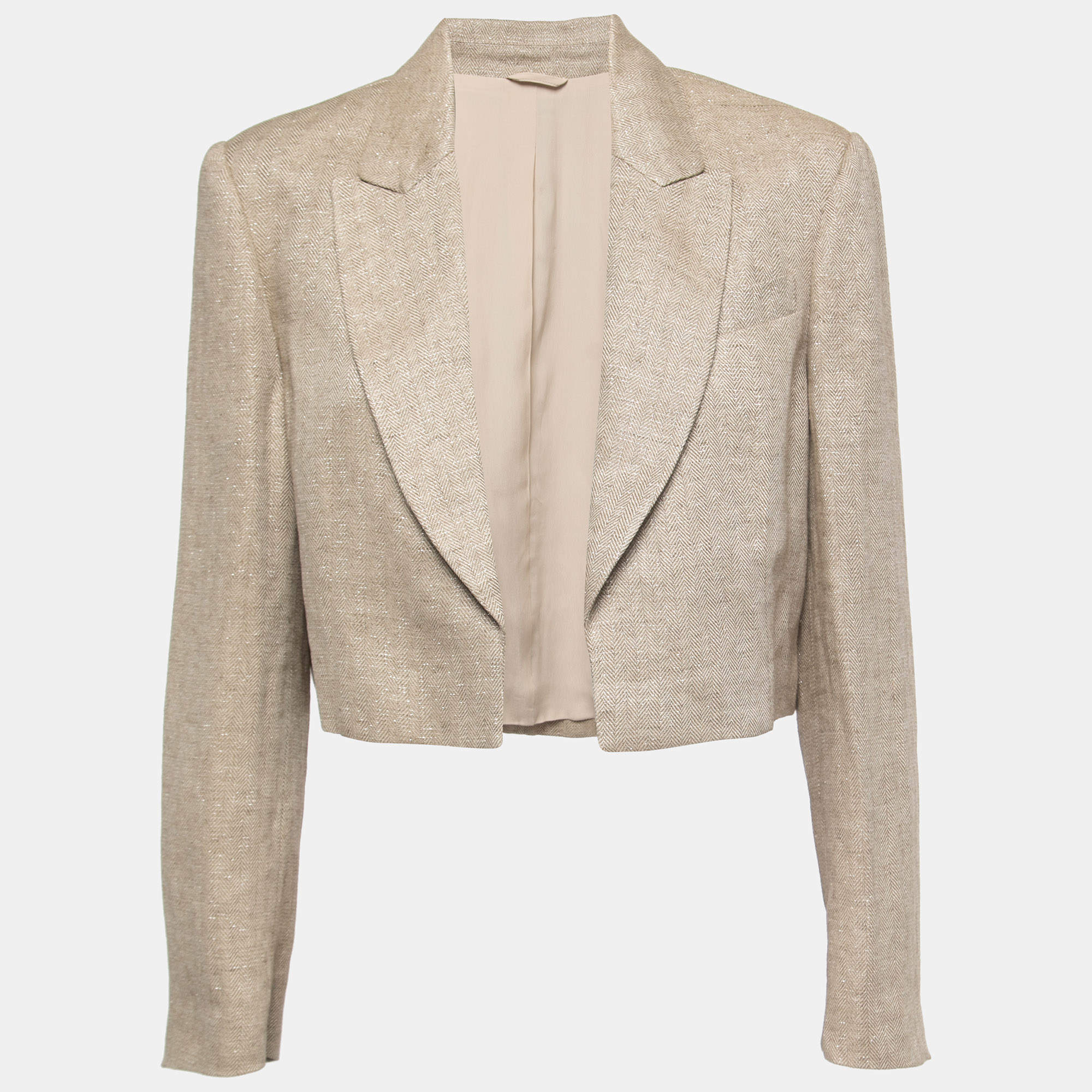 Brunello Cucinelli Beige Metallic Linen Open Cropped Blazer M