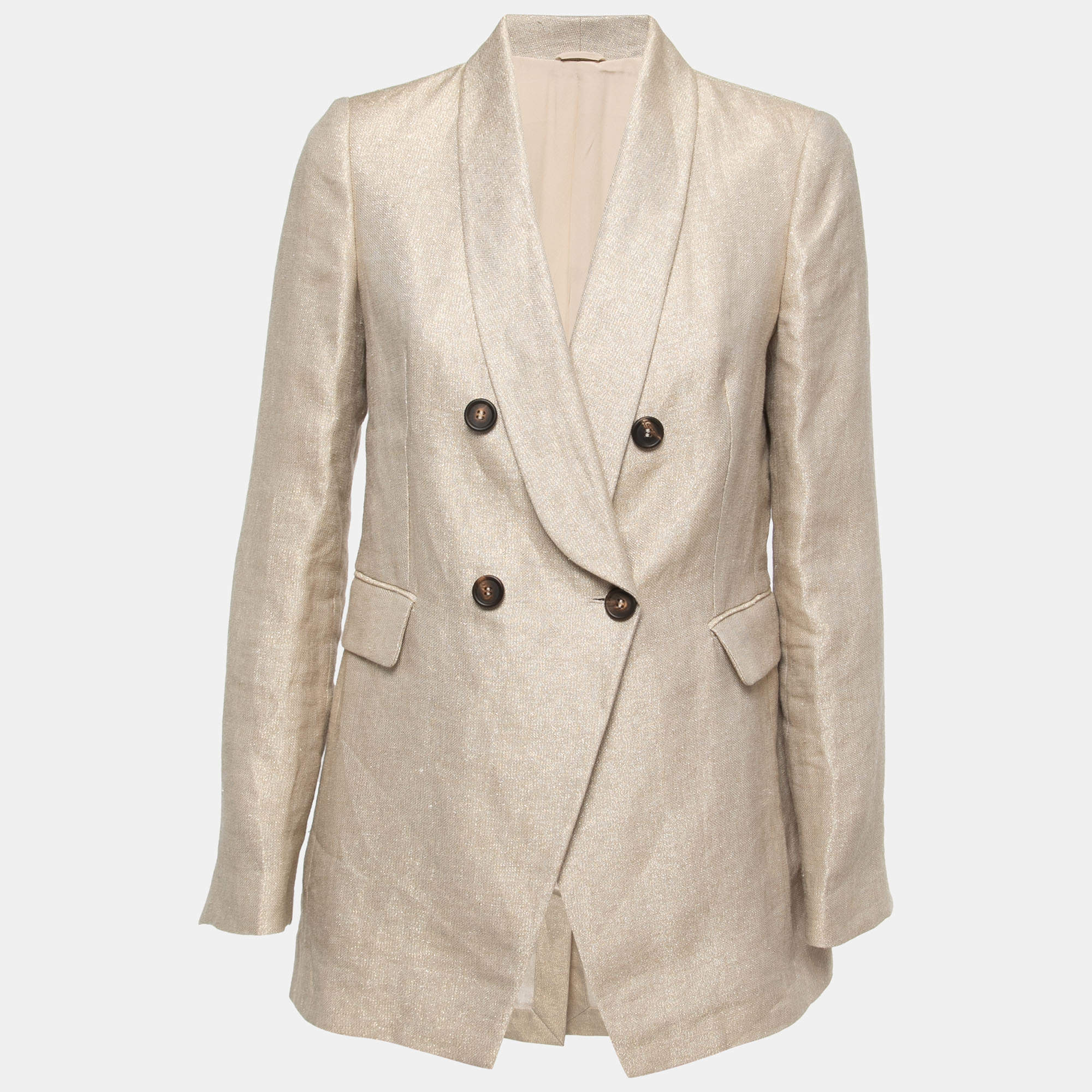 Pre Owned Brunello Cucinelli Beige/Metallic Linen Double-Breasted Blazer S