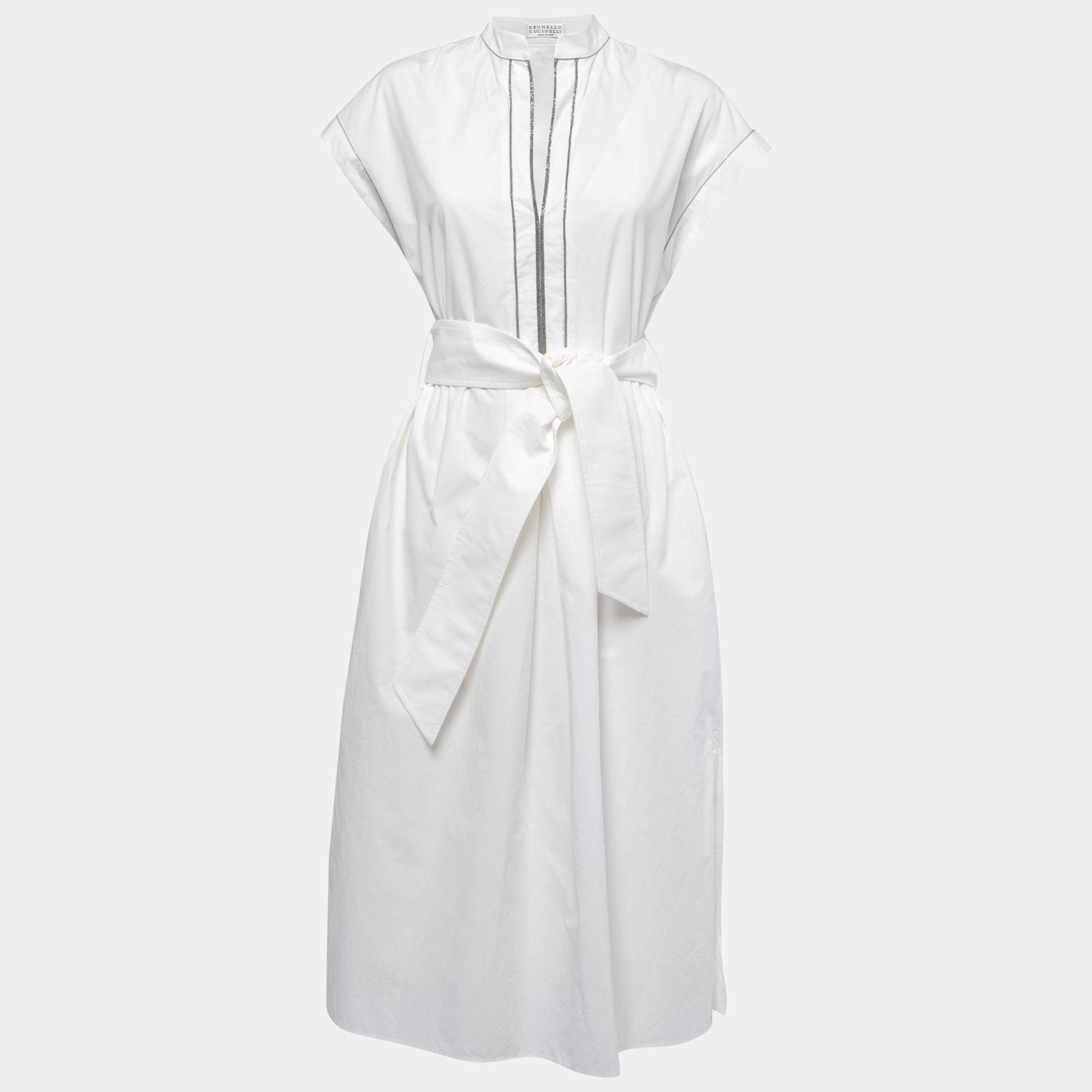 Pre Owned Brunello Cucinelli White Cotton Embellished Tunic Dress XS