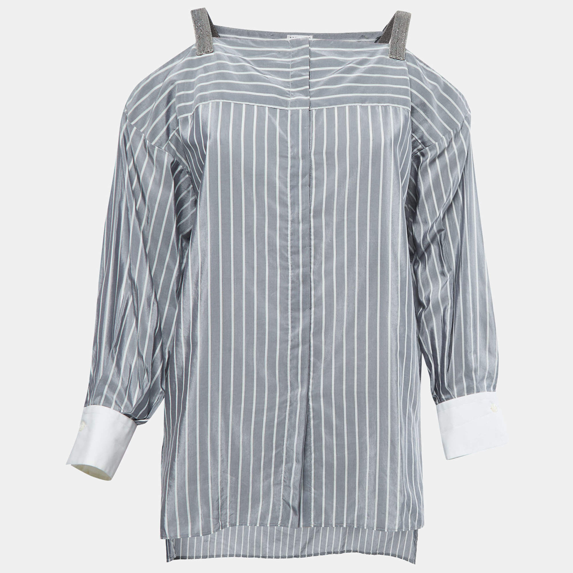 Pre Owned Brunello Cucinelli Grey Striped Cotton & Silk Monili Detail Cut Shoulder Top XS