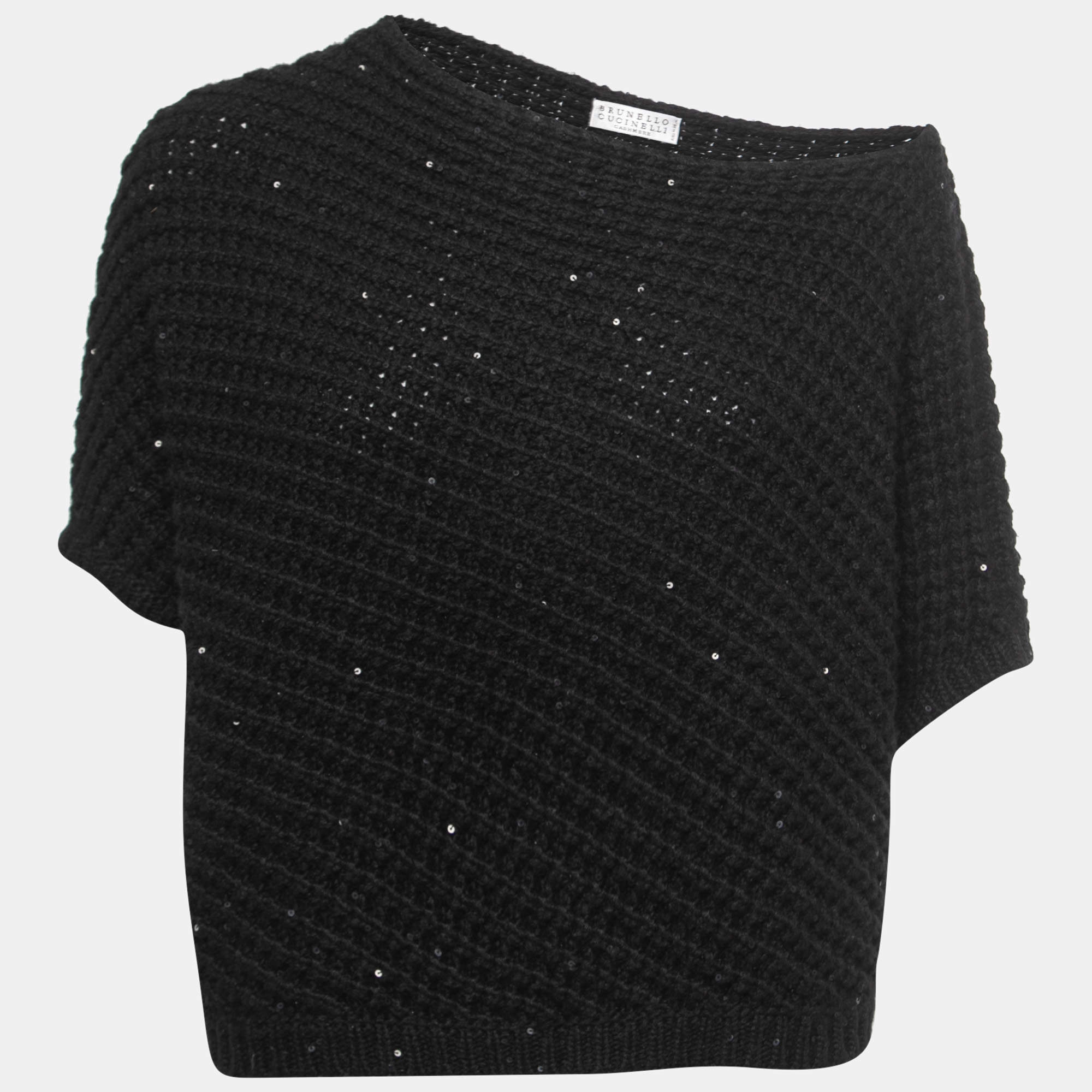 Brunello Cucinelli Black Sequined Cashmere Asymmetrical Knit Top L