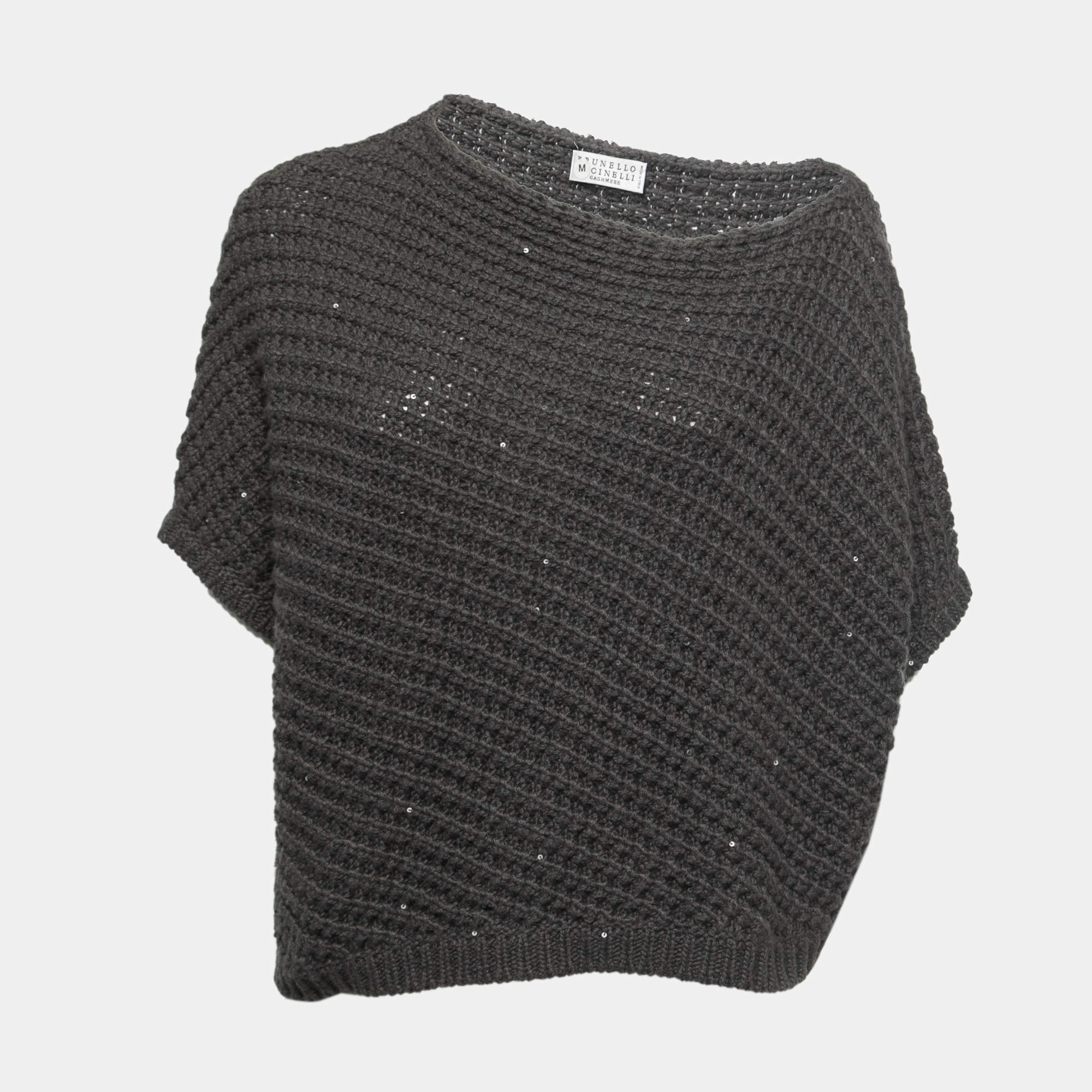 Pre Owned Brunello Cucinelli Grey Sequined Cashmere Asymmetrical Knit Top M