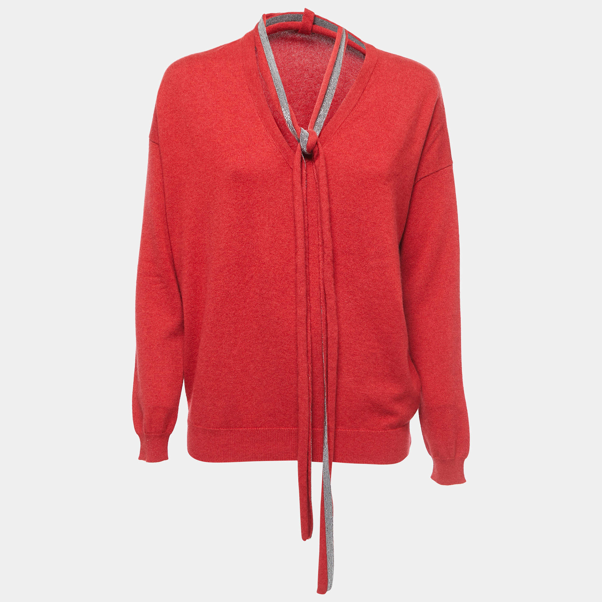Pre Owned Brunello Cucinelli Red Cashmere V-Neck Tie Detail Sweater M
