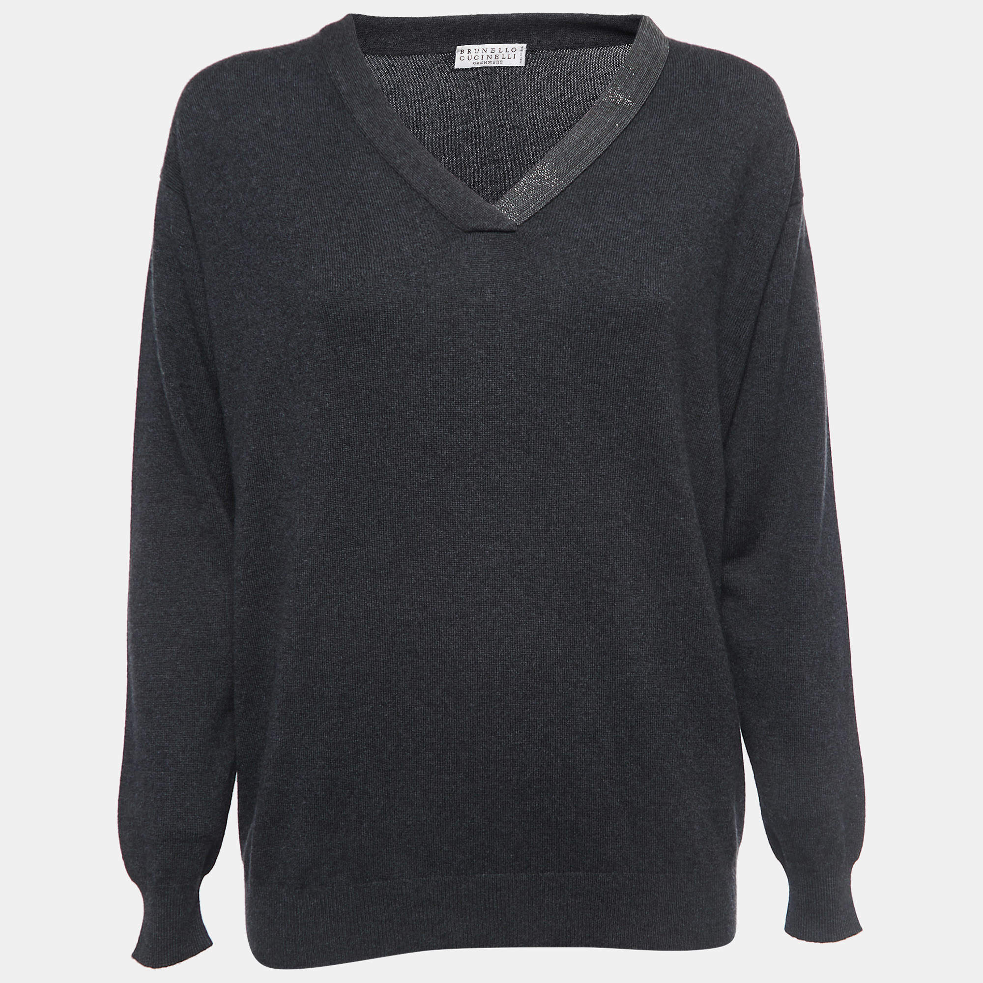 Pre Owned Brunello Cucinelli Charcoal Grey Cashmere Bead Embellished Sweater M