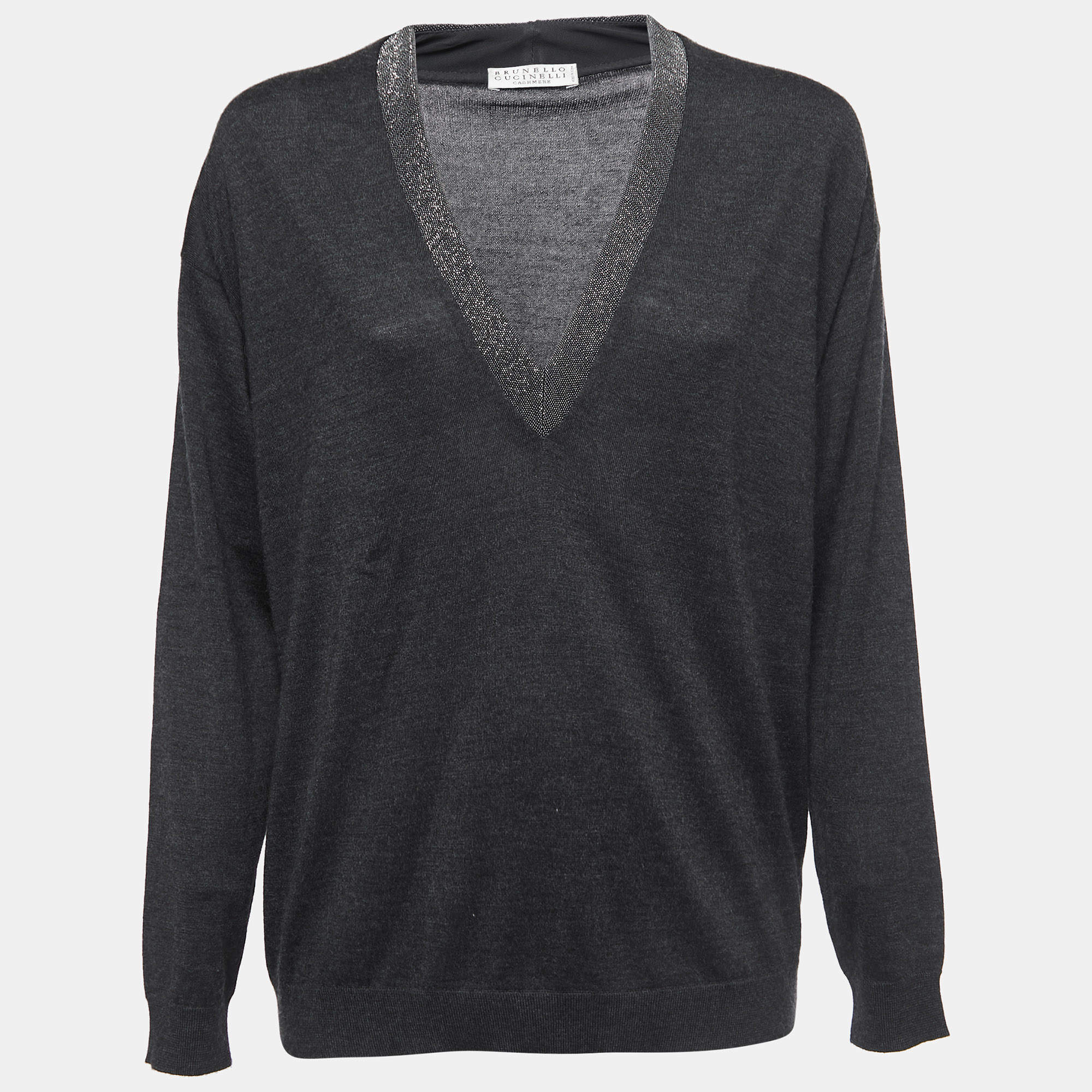 Brunello Cucinelli Charcoal Grey Cashmere Bead Embellished V-Neck Sweater L