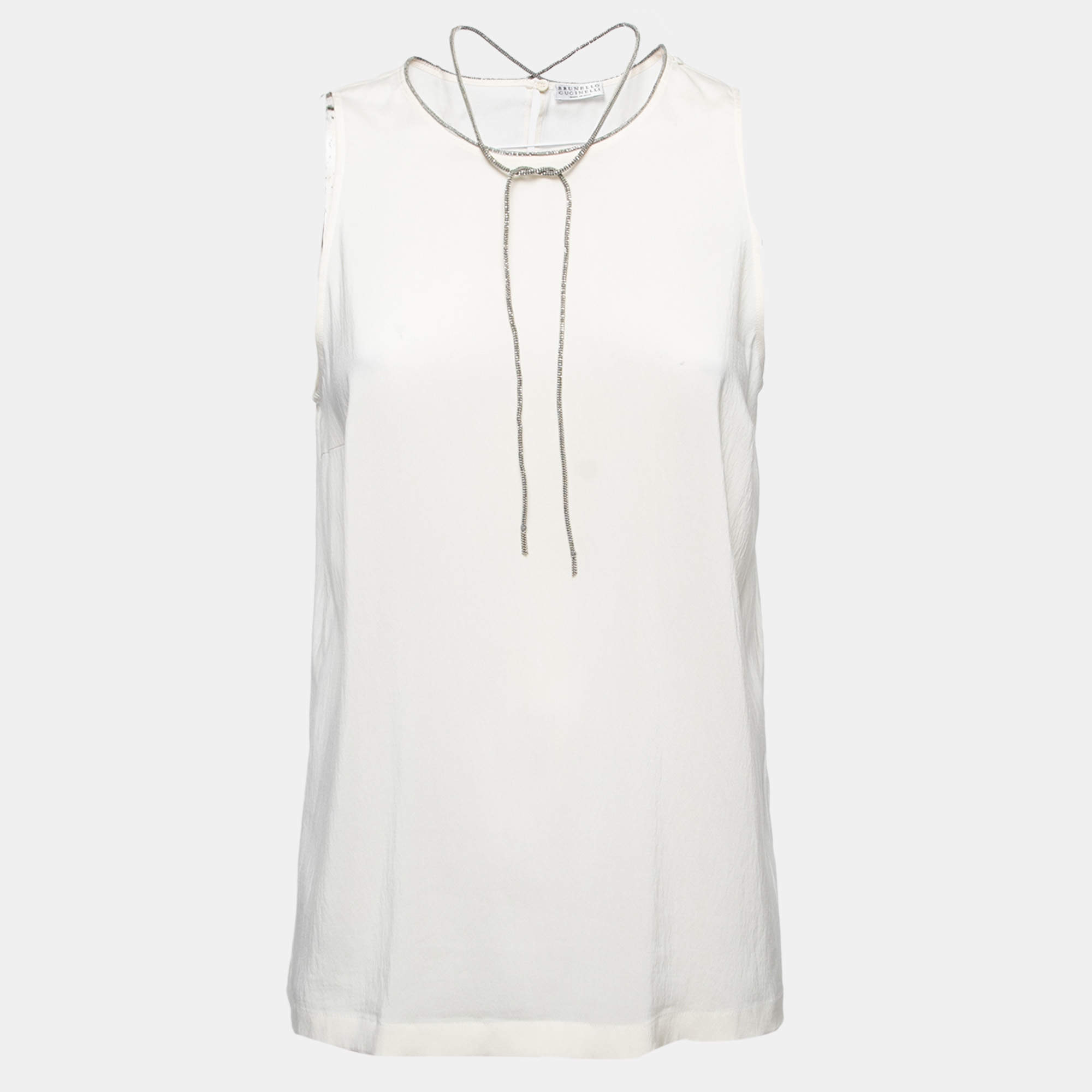 Brunello Cucinelli White Silk Beaded Strings Sleeveless Top XL