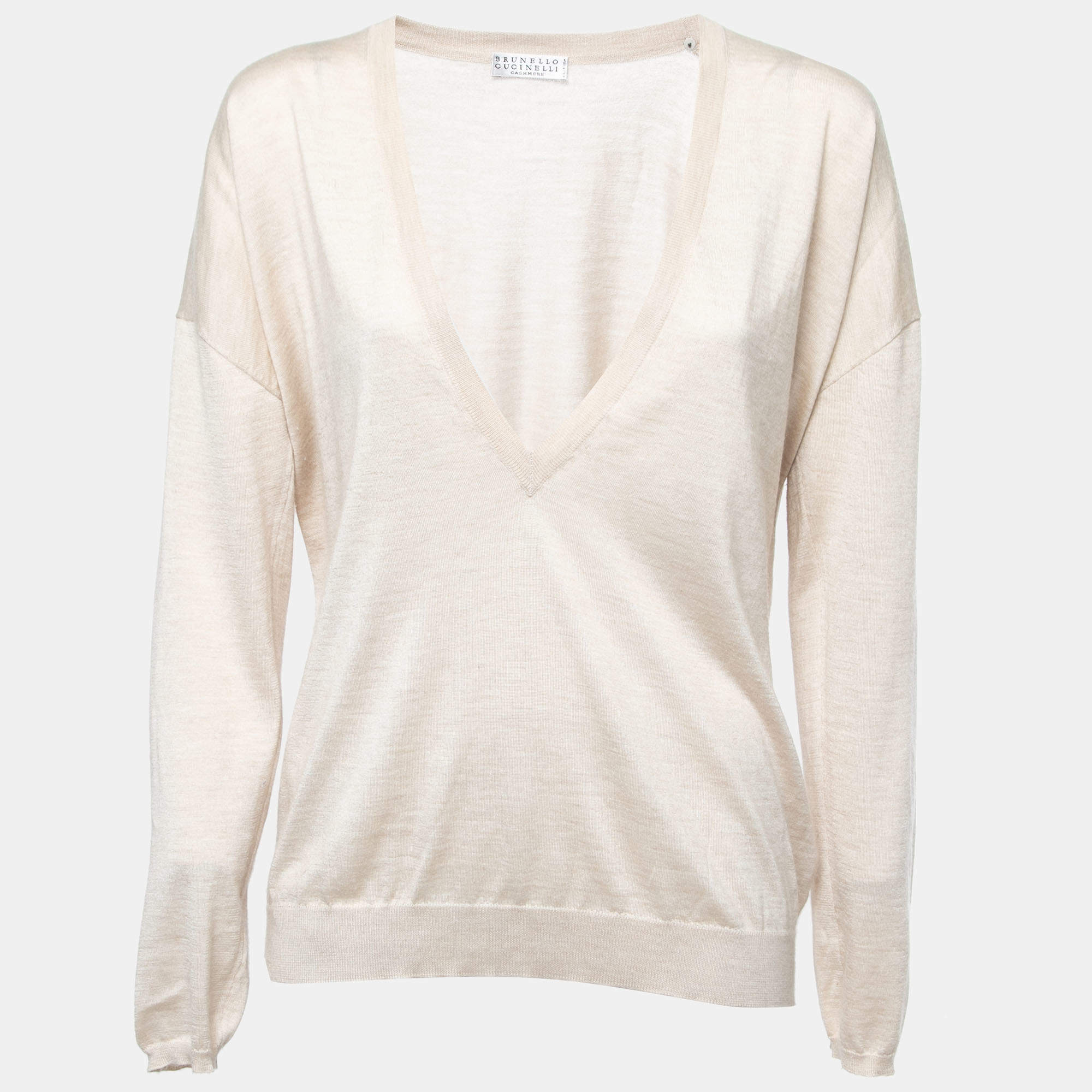 Brunello Cucinelli Beige Cashmere & Silk Deep V-Neck