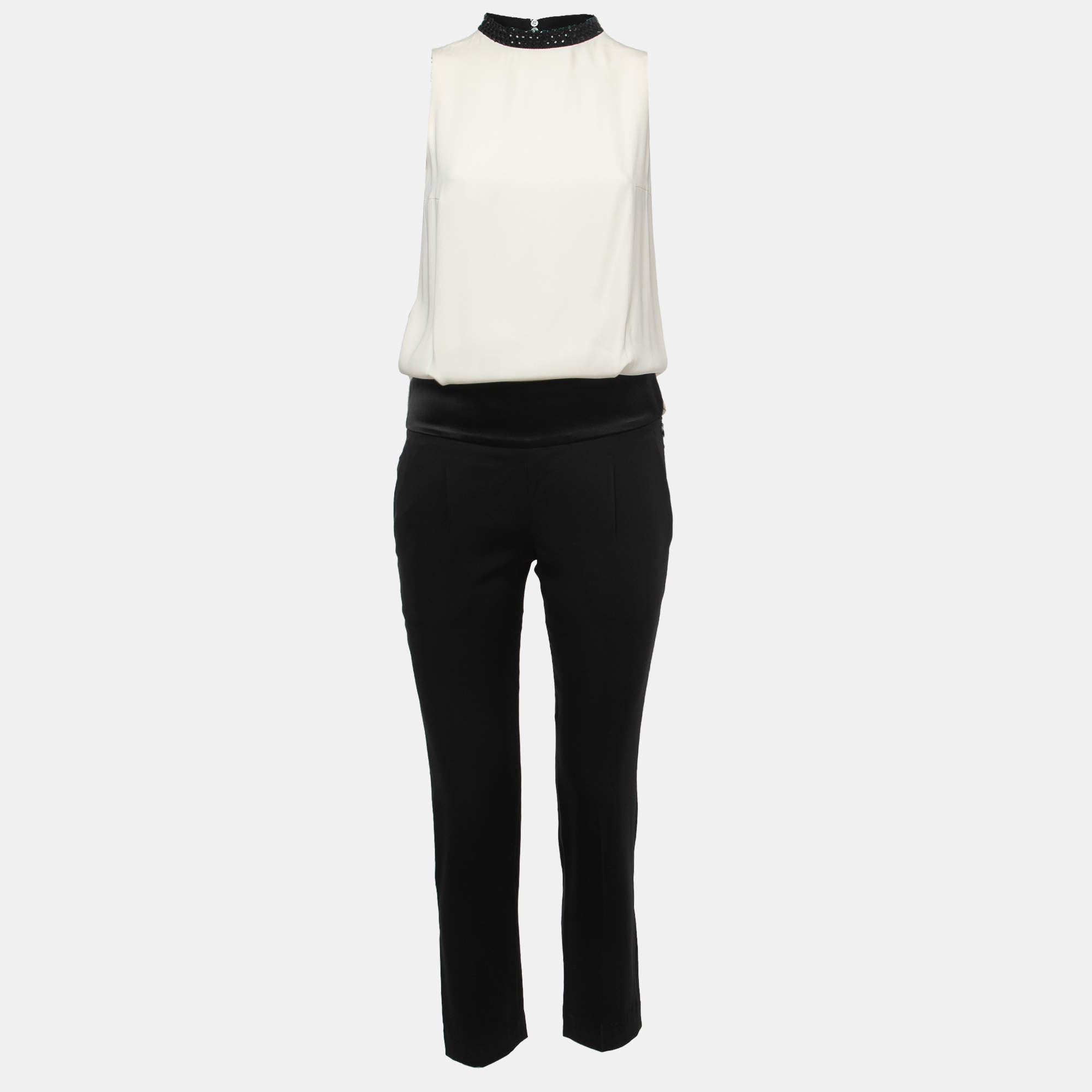 Brunello Cucinelli Cream/Black Embellished Neck Detailed Sleeveless Jumpsuit XS