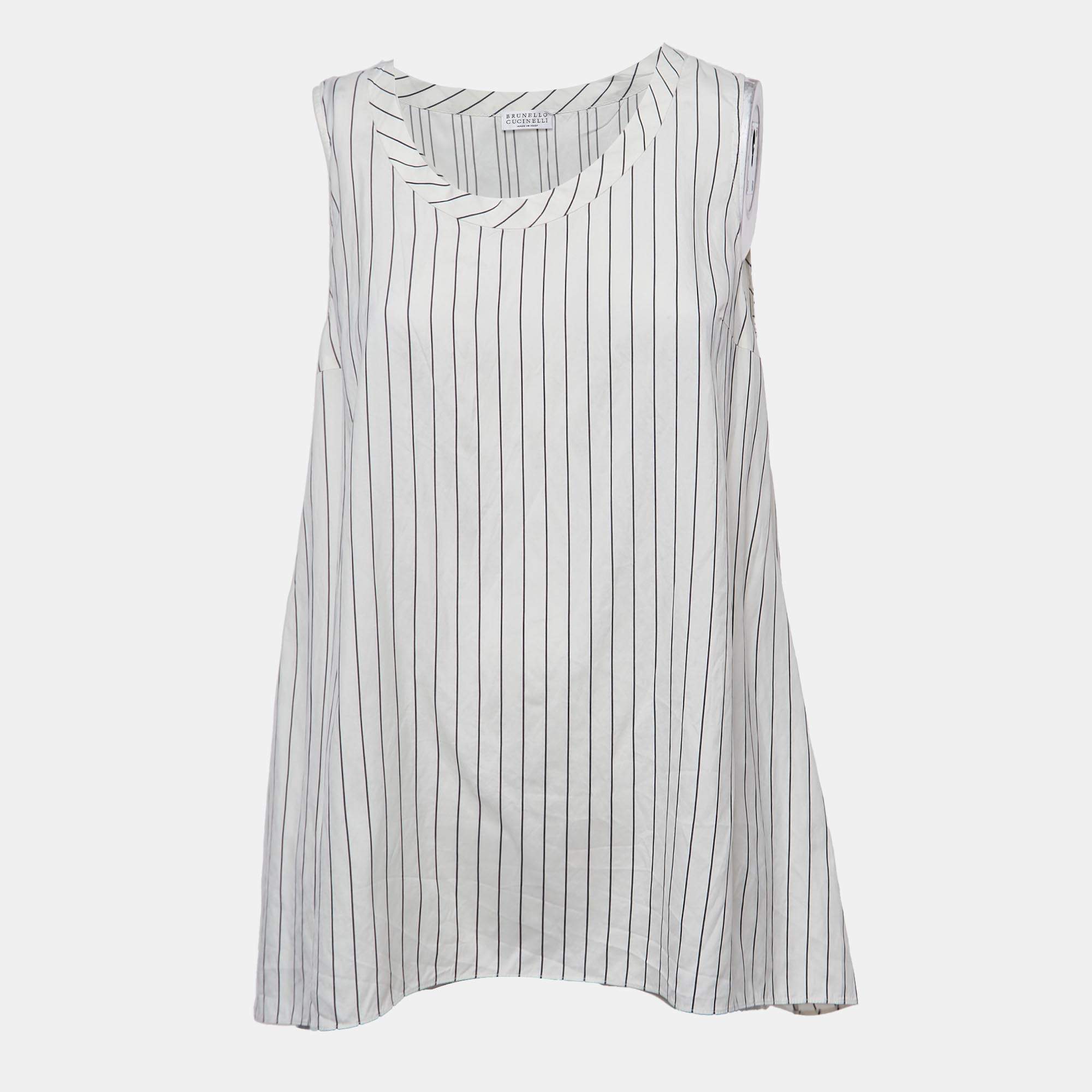 Brunello Cucinelli Off White Striped Sleeveless A-Line Blouse M