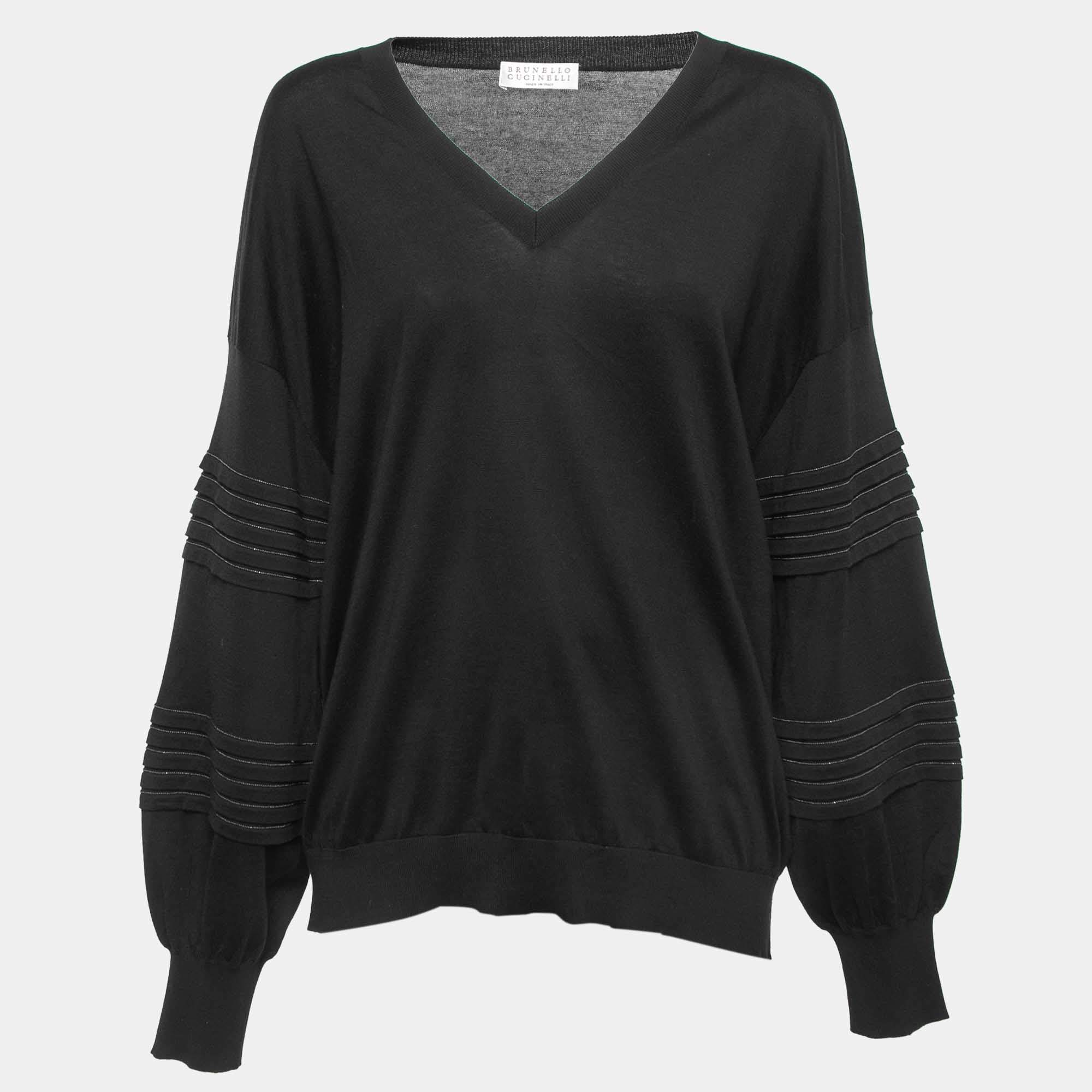 Pre Owned Brunello Cucinelli Black Cotton Knit V-Neck Jumper XL