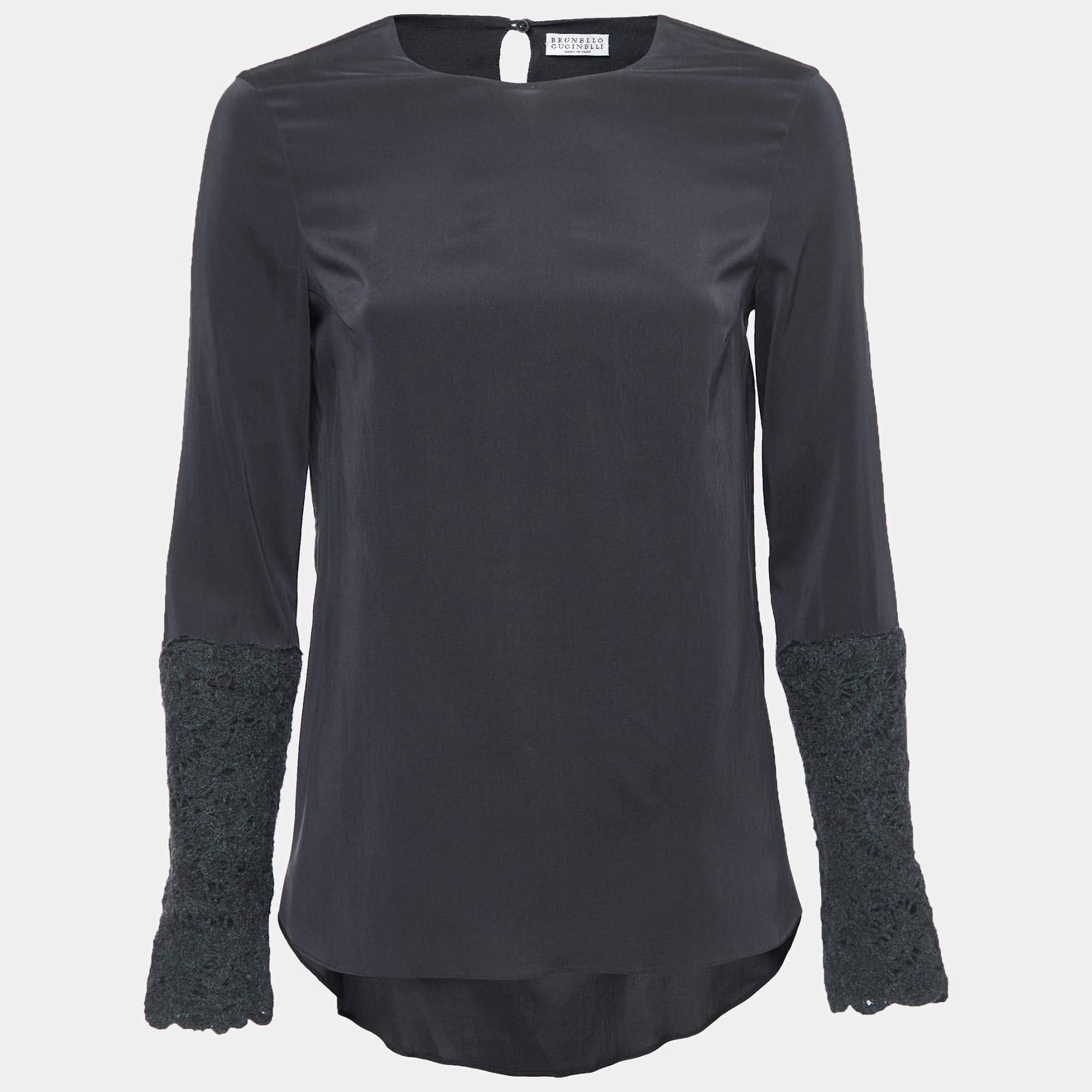 Pre Owned Brunello Cucinelli Grey Stretch Silk Long Sleeve Blouse S