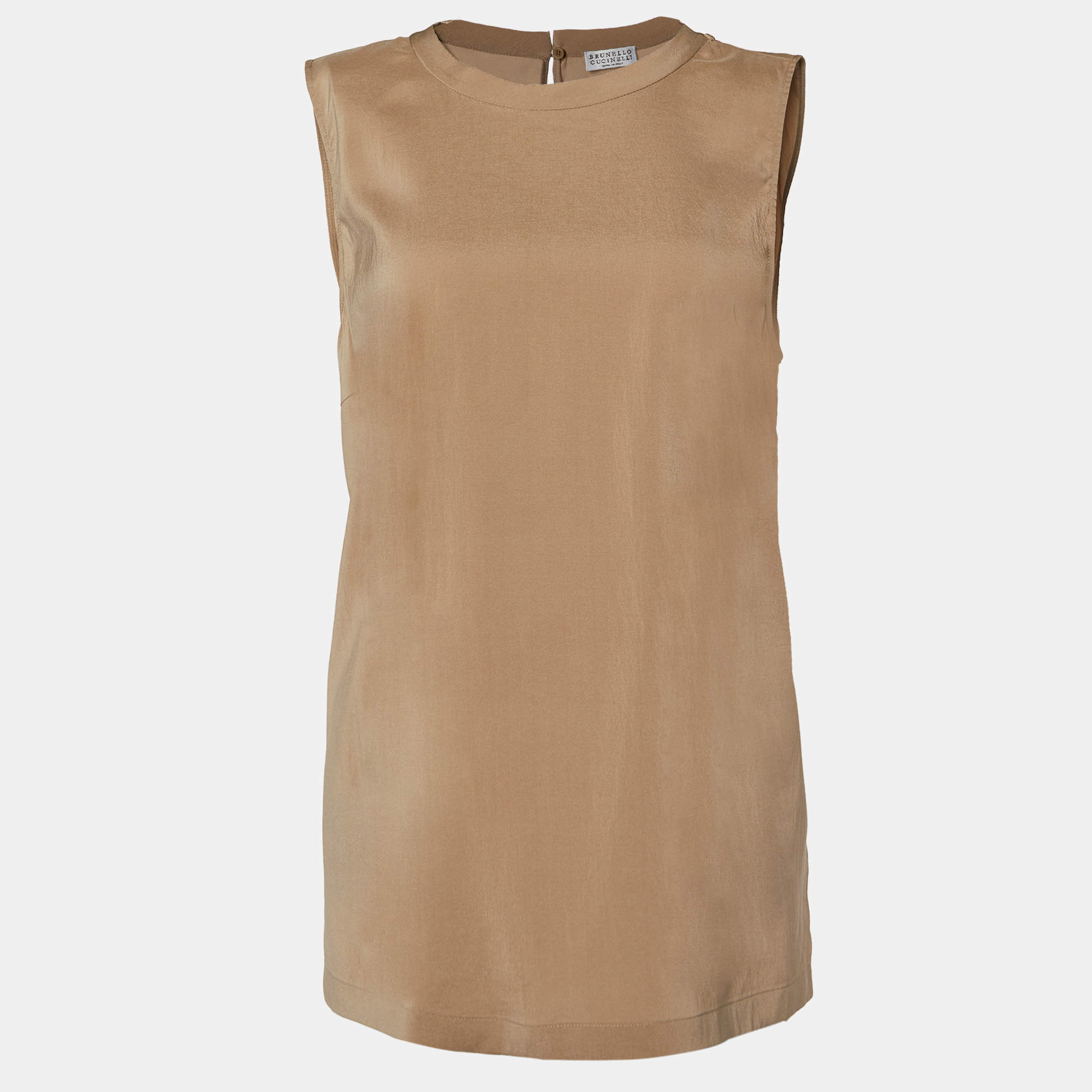 Pre Owned Brunello Cucinelli Beige Silk High Neck Sleeveless Top L