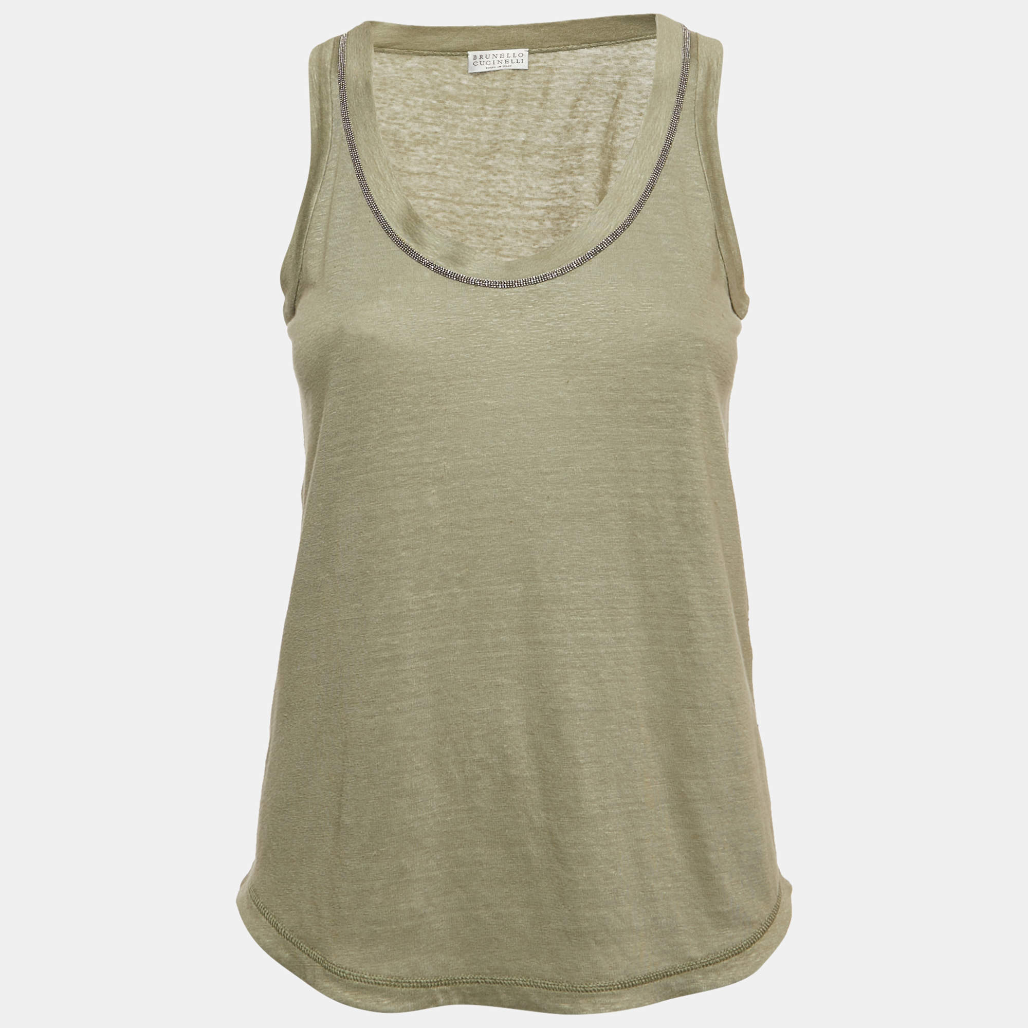 Brunello Cucinelli Green Linen Blend Beaded Sleeveless Top XS