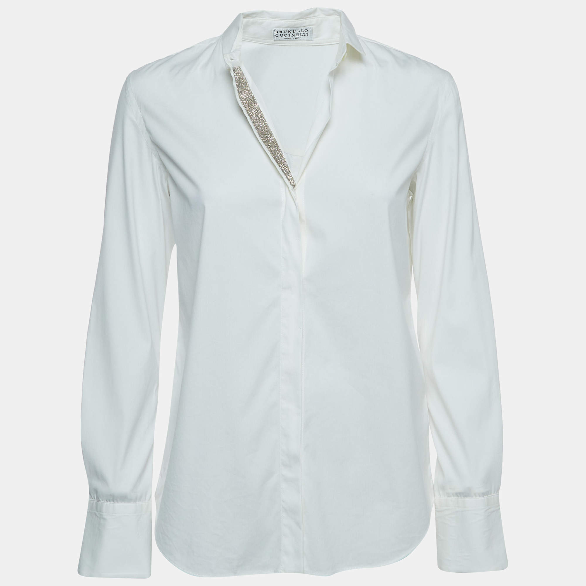 Brunello Cucinelli Off White Embellished Cotton Blend Button Front Shirt XS