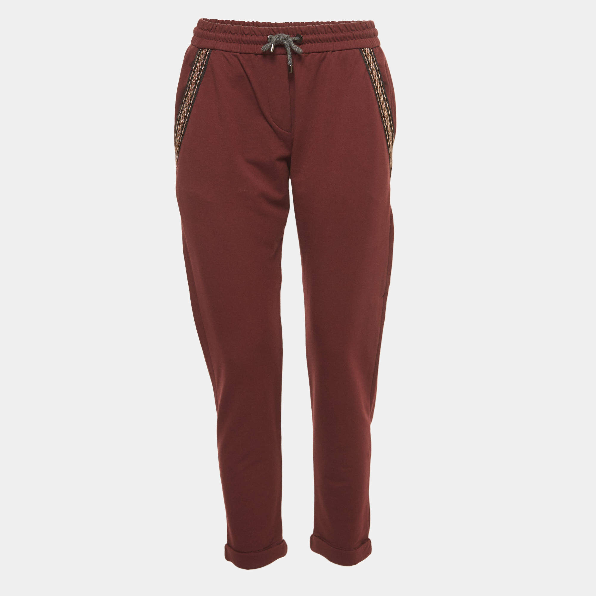 Brunello Cucinelli Burgundy Cotton Beaded Jogger Pants S