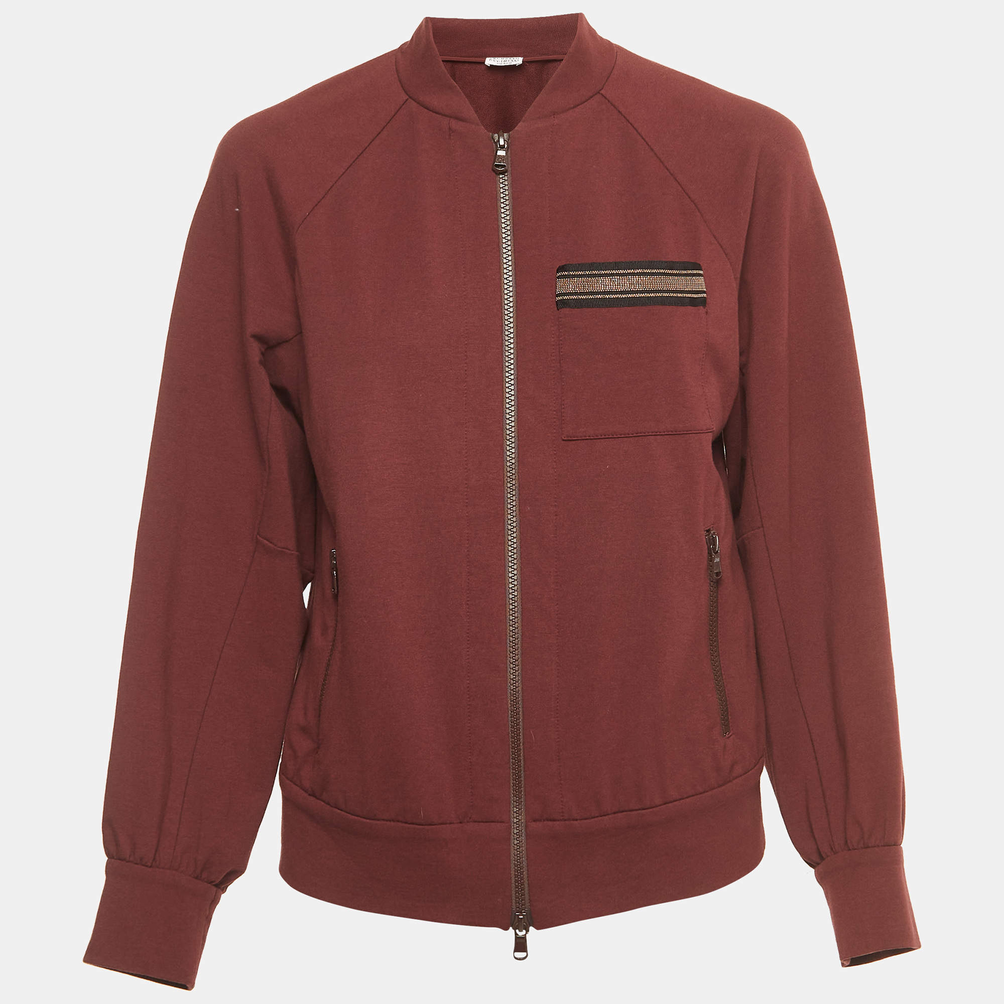 Brunello Cucinelli Burgundy Cotton Beaded Track Jacket XS