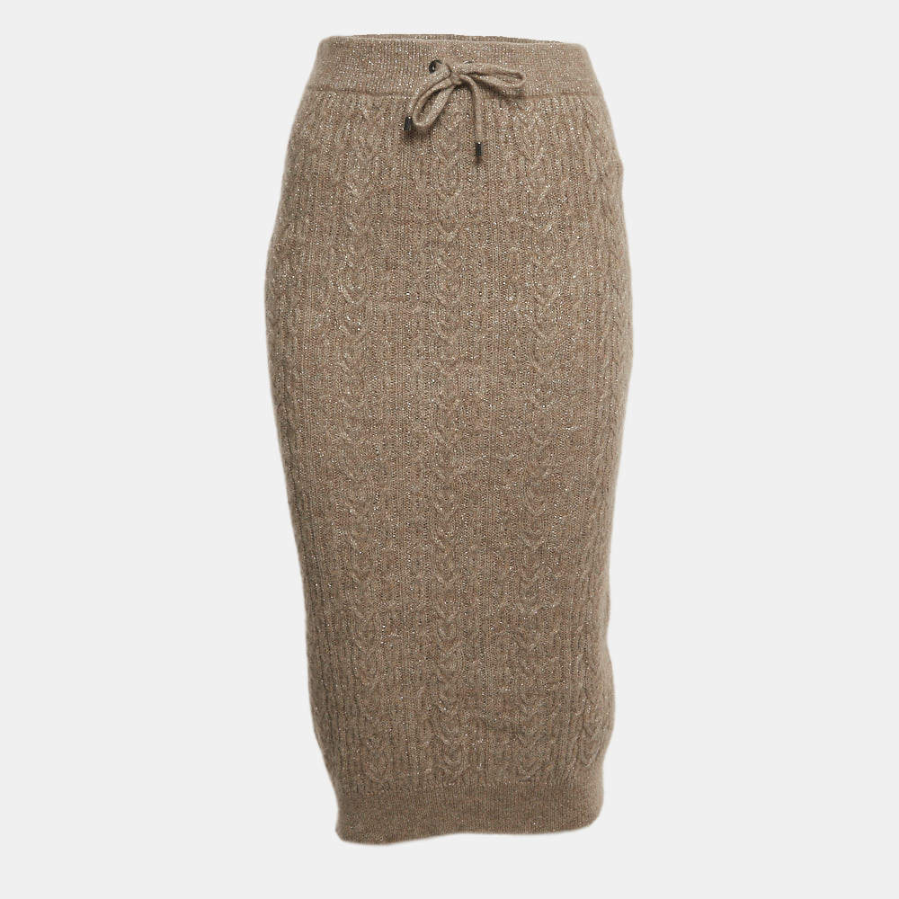 Pre Owned Brunello Cucinelli Light Brown Cable Knit Midi Skirt S