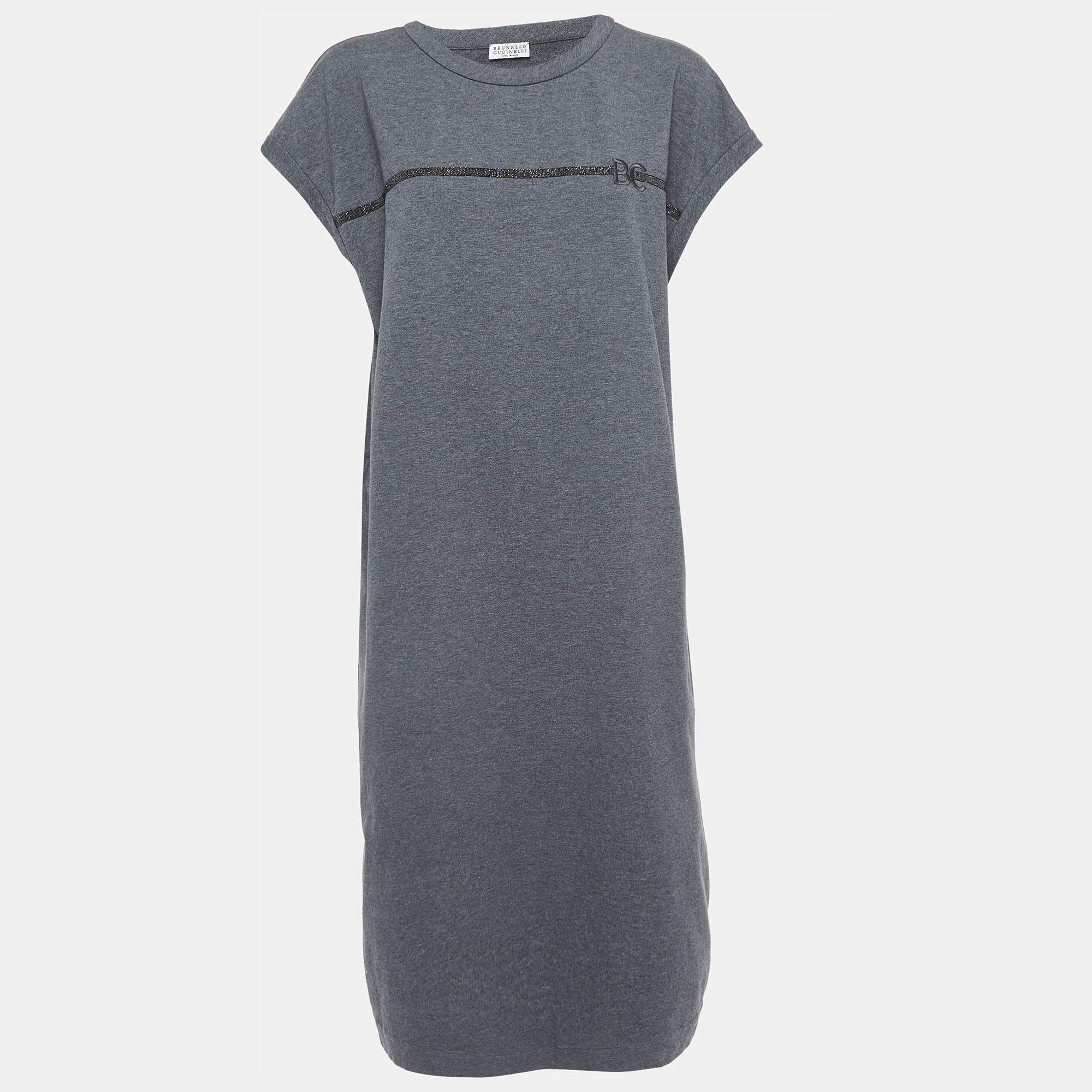 Pre Owned Brunello Cucinelli Grey Logo Embroidered Cotton Midi Dress XXL