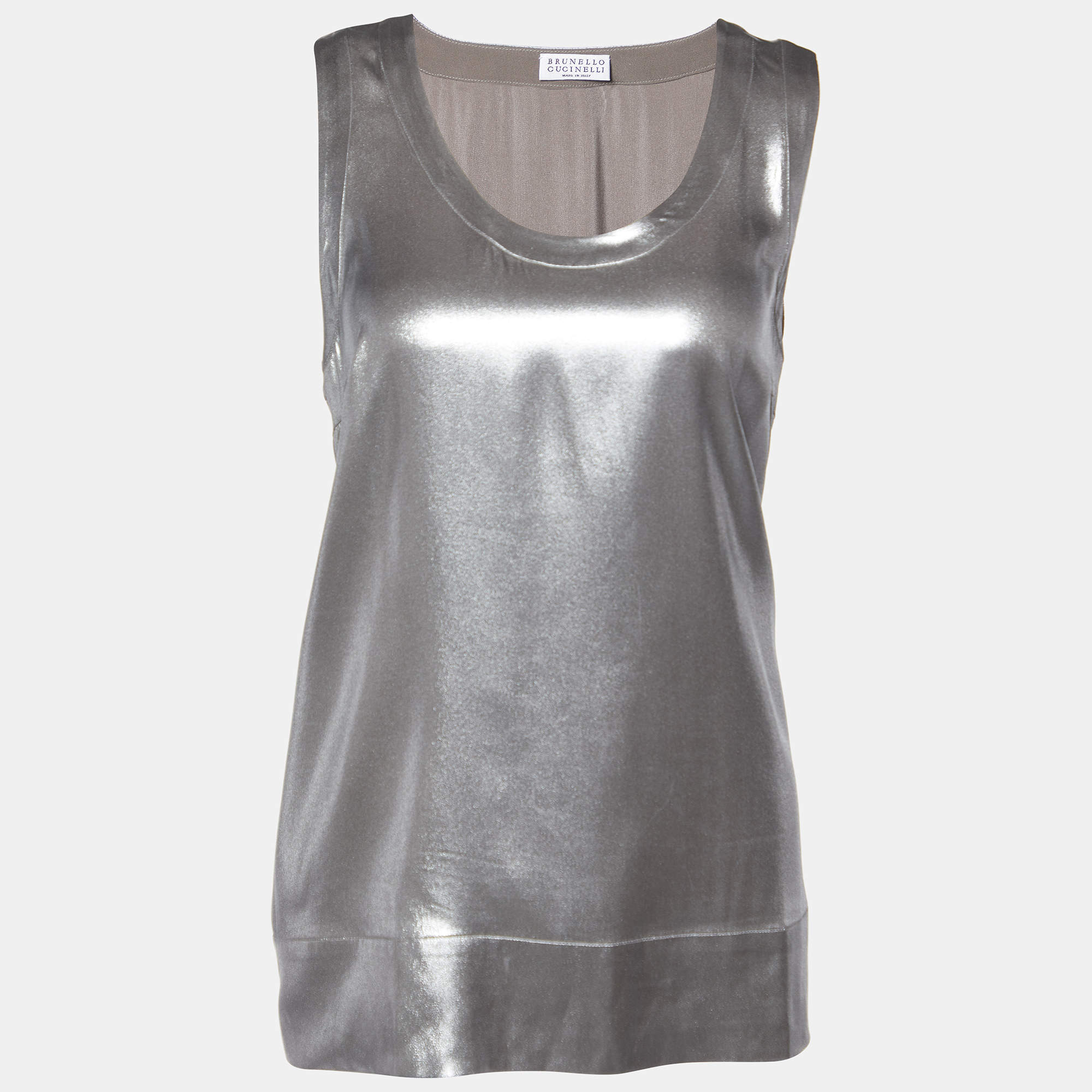 Brunello Cucinelli Silver Metallic Silk Tank Top L
