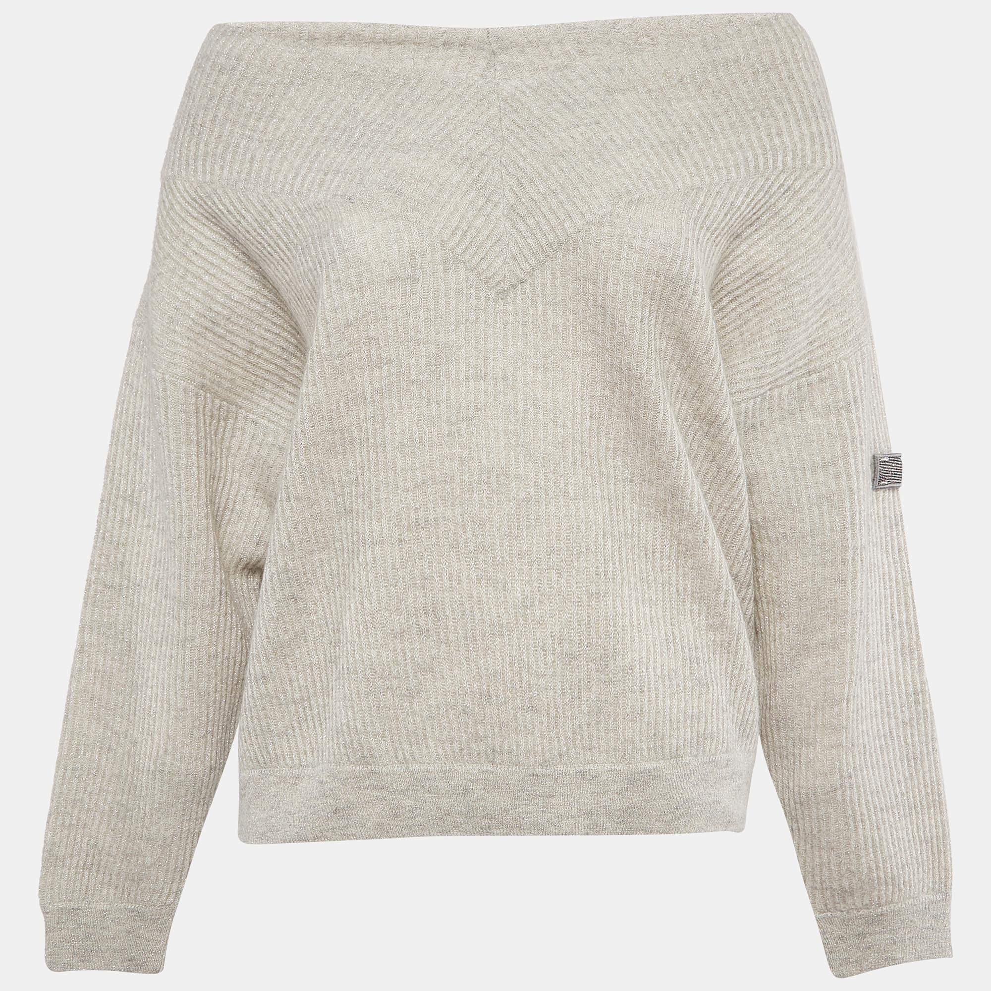 Brunello Cucinelli Grey Applique Lurex Knit V-Neck Sweater XS