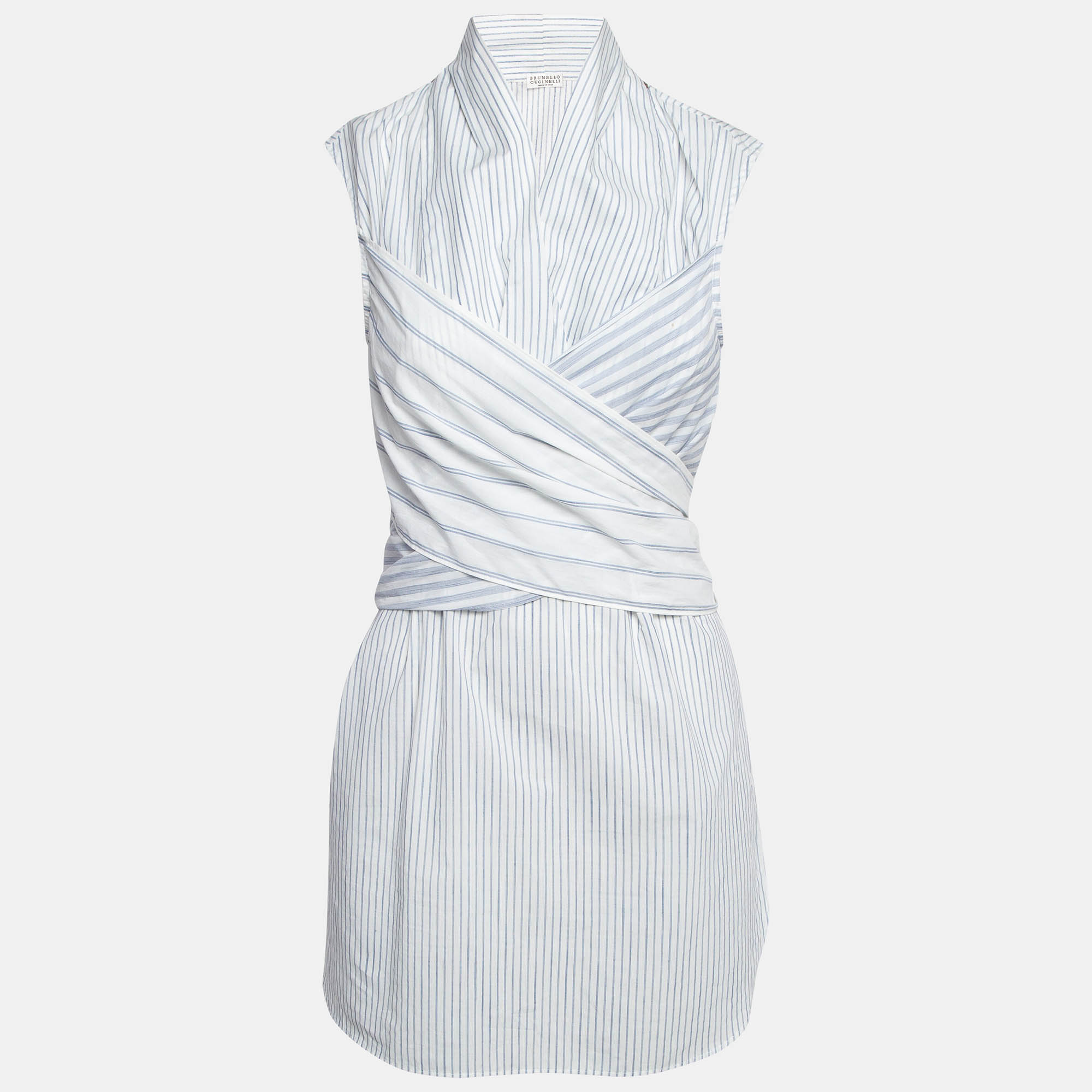 Brunello Cucinelli White/Blue Pinstripe Cotton Draped Sleeveless Blouse M