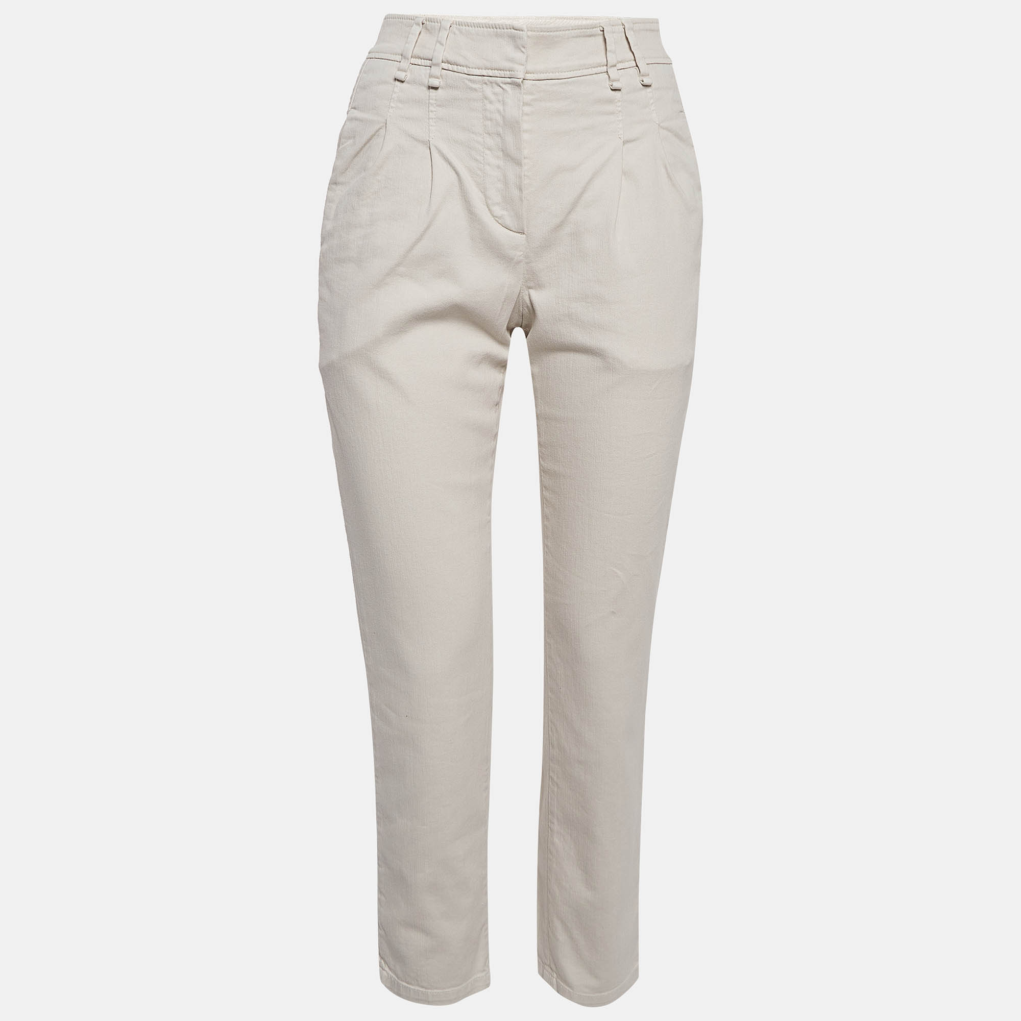 Pre Owned Brunello Cucinelli Cream Pleated Cotton Blend Formal Trousers S