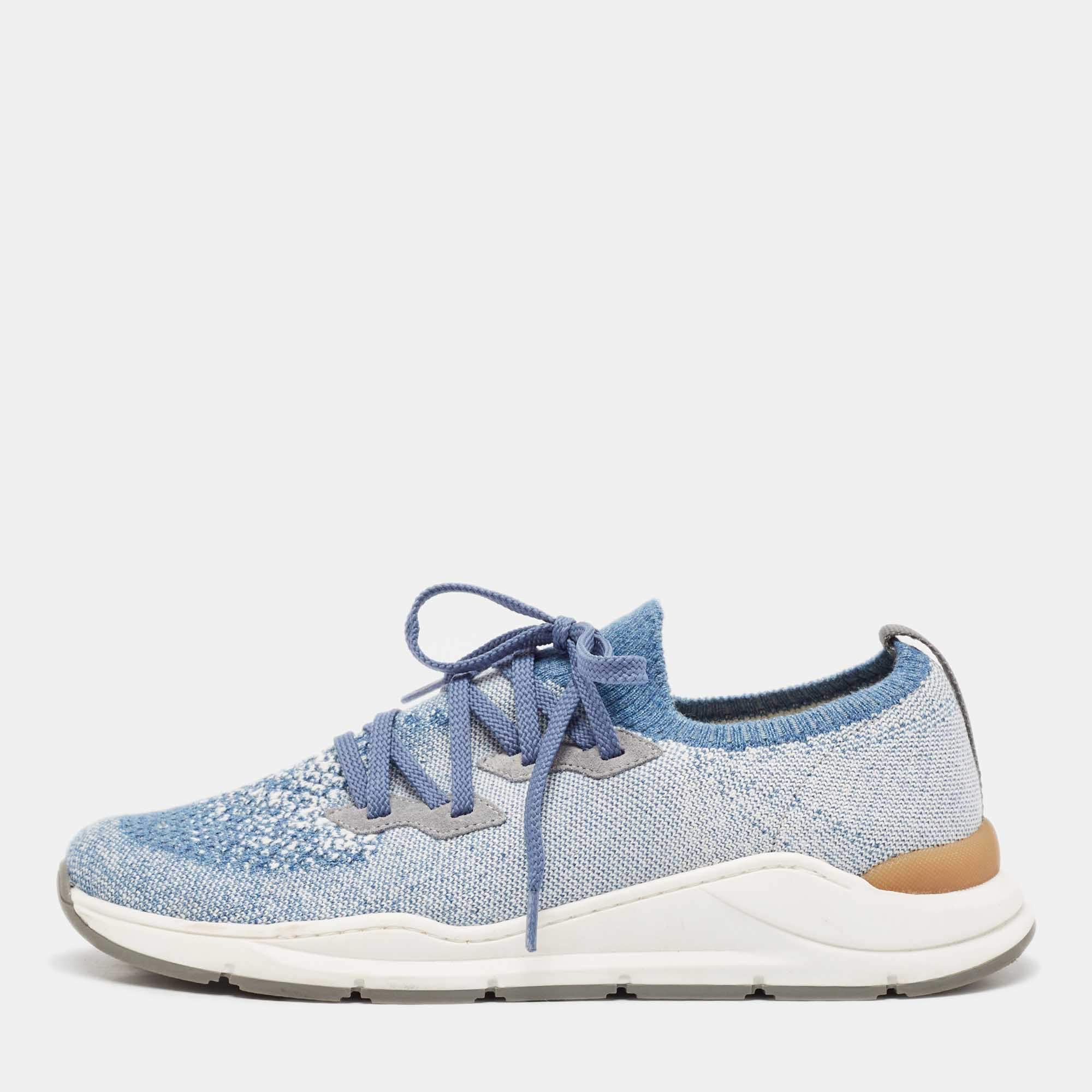 Pre Owned Brunello Cucinelli Blue/White Knit Fabric Low Top Sneakers Size 38