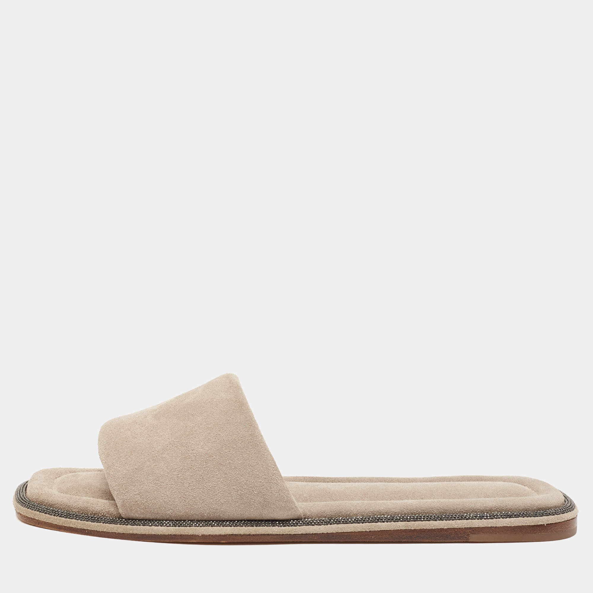 Brunello Cucinelli Grey Suede Square Toe Flat Slide Size 37.5