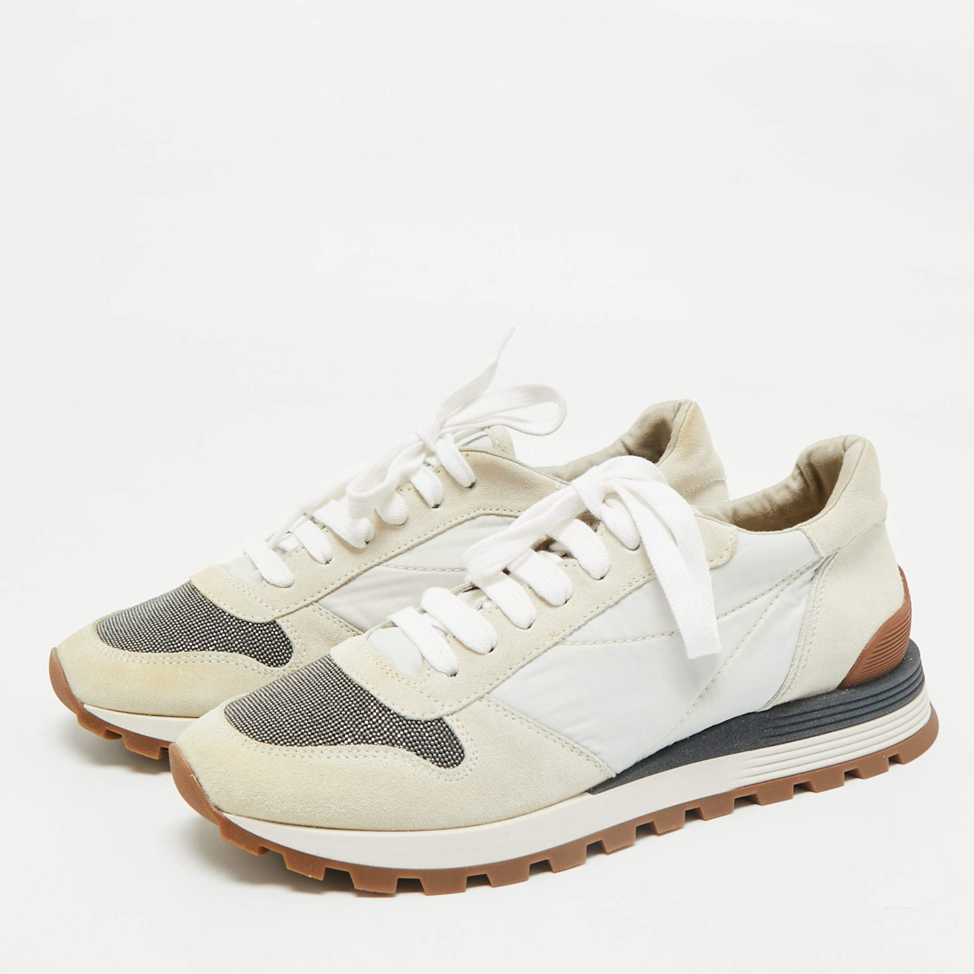 Brunello Cucinelli White/Grey Nylon and Suede Low Top