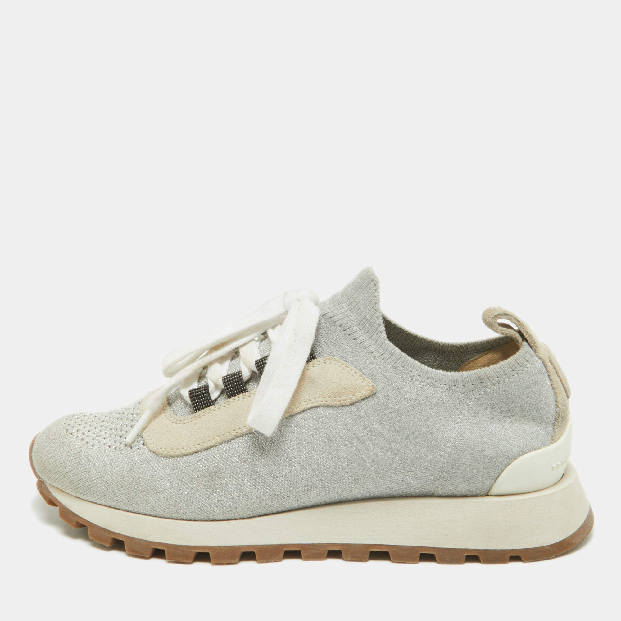 Pre Owned Brunello Cucinelli Grey/Silver Suede and Mesh Low Top Sneakers Size 38.5