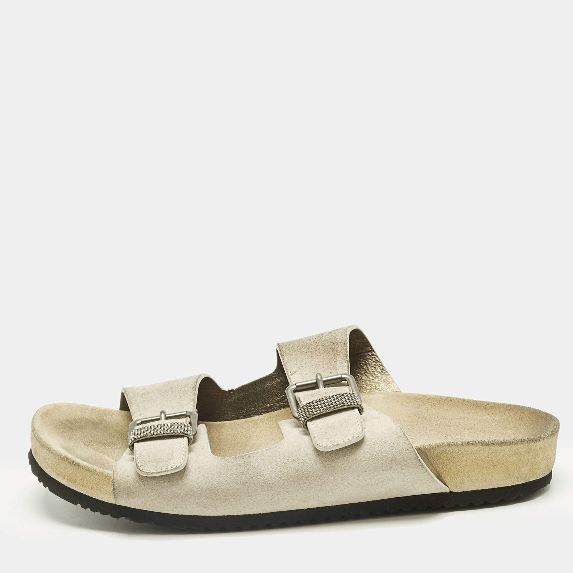 Pre Owned Brunello Cucinelli Off White Suede Flat Slide Sandals Size 38.5