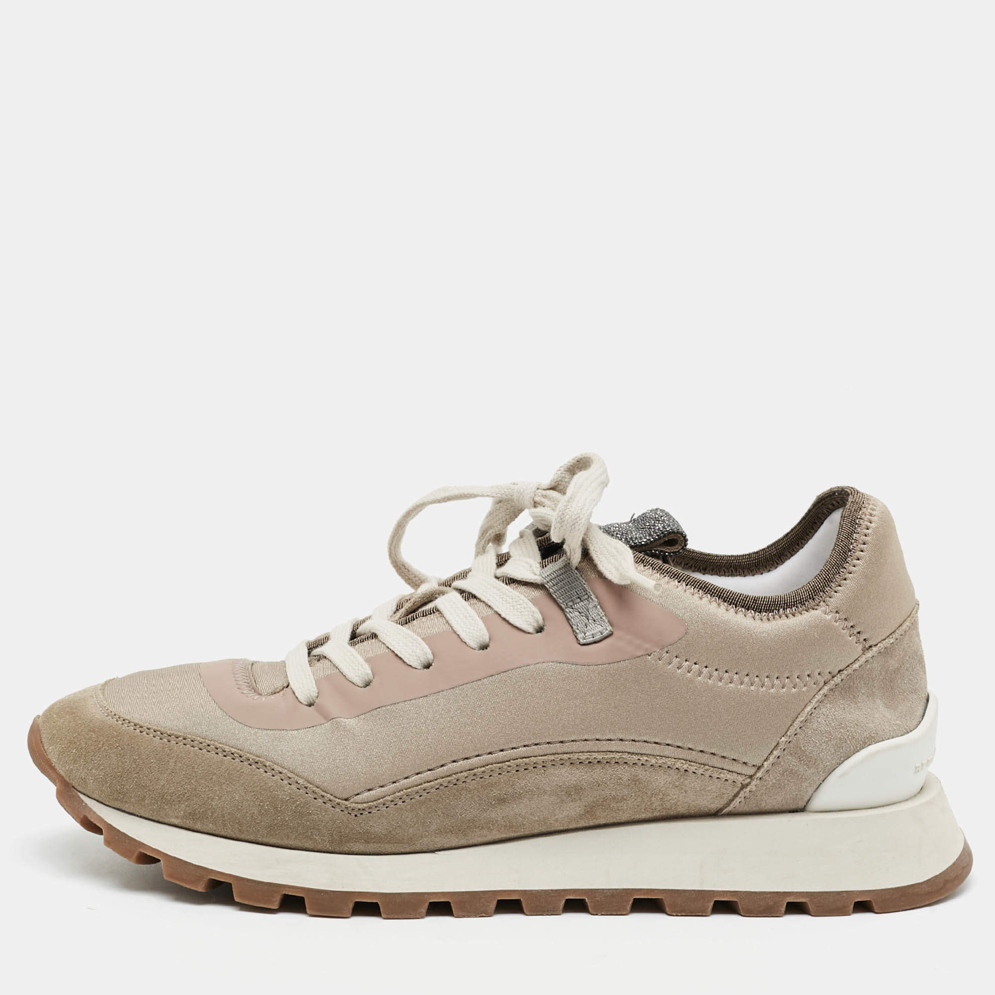 مملوكة مسبقًا Brunello Cucinelli Monili Size 40.5 Grey/Beige  Satin and Suede Lace Up Sneakers