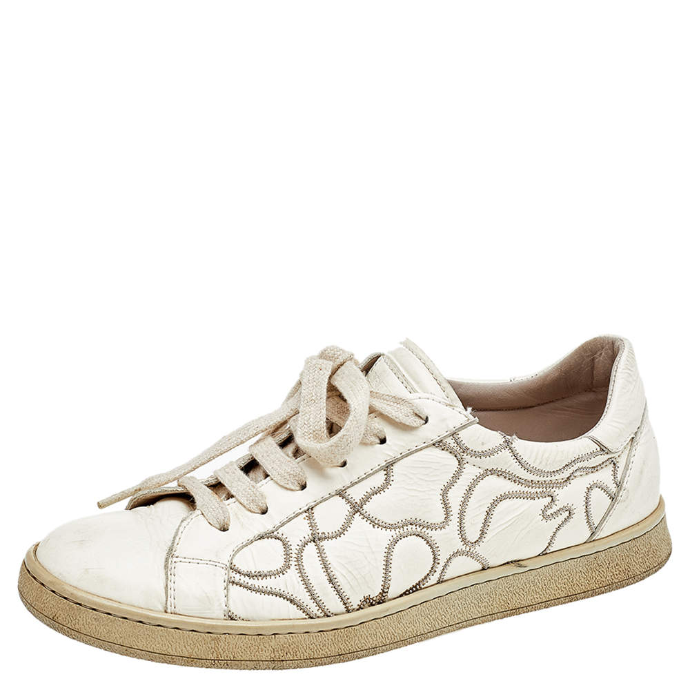 Pre Owned Brunello Cucinelli White Leather Embroidered Low Top Sneakers Size 38