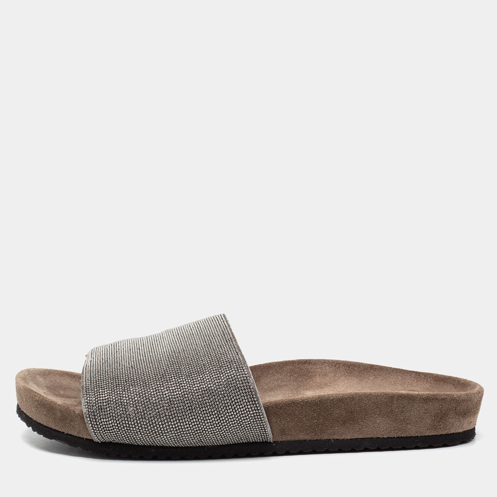Brunello Cucinelli Metallic Grey Beads Monili Flat Slides Size 38